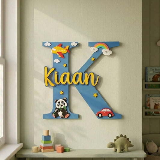 Layered Alphabet Initial Hand-Painted Wooden Kids Name Plate For Boys - Design 1
