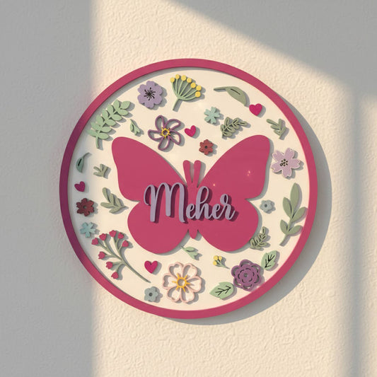 Butterfly & Flower Themed Hand-Painted Wooden Round Kids Name Plate - Design 1