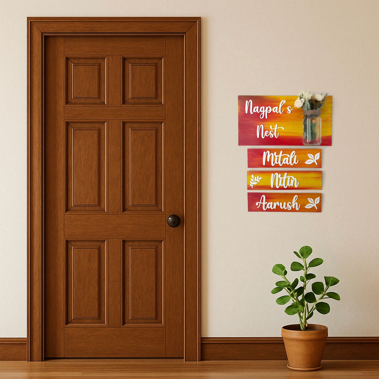 Hand-Painted Wooden Name Plate With Jar For Home - Jar Board & Three Planks