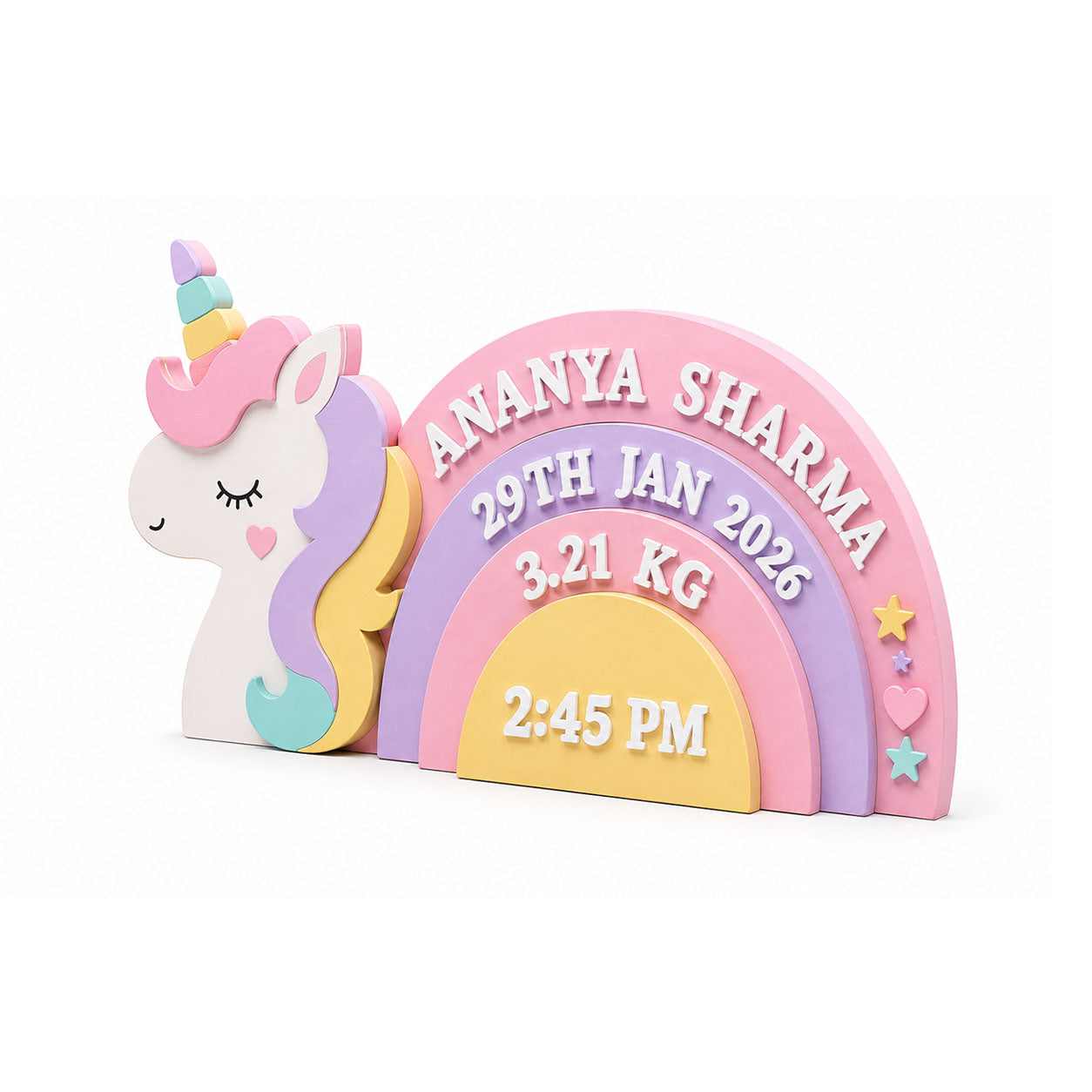 Unicorn Themed Hand-Painted Wooden Personalised Baby Birth Details Name Plate
