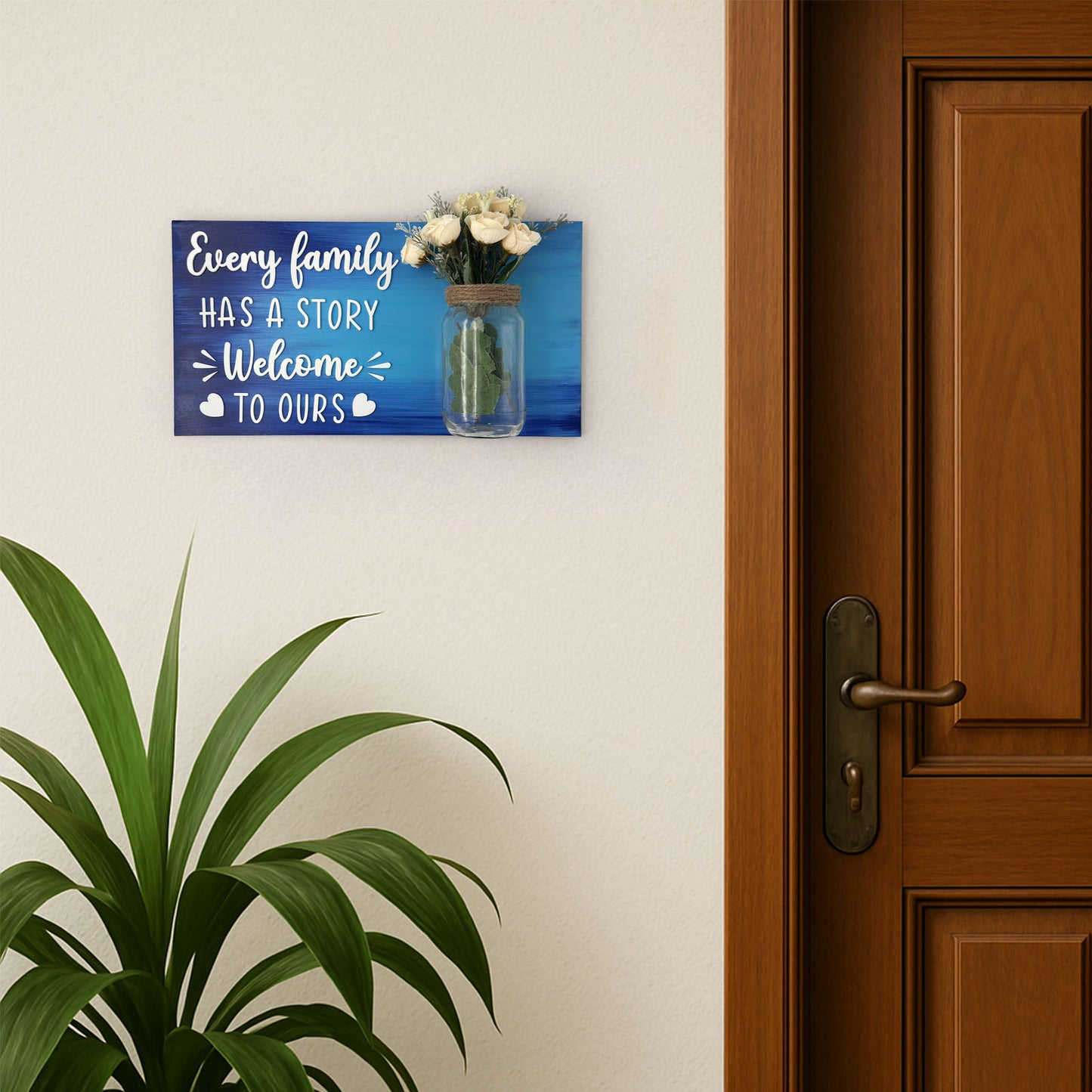 Every Family Has A Story Welcome To Ours Hand-Painted Wooden Name Plate With Jar For Home - Only Jar Board