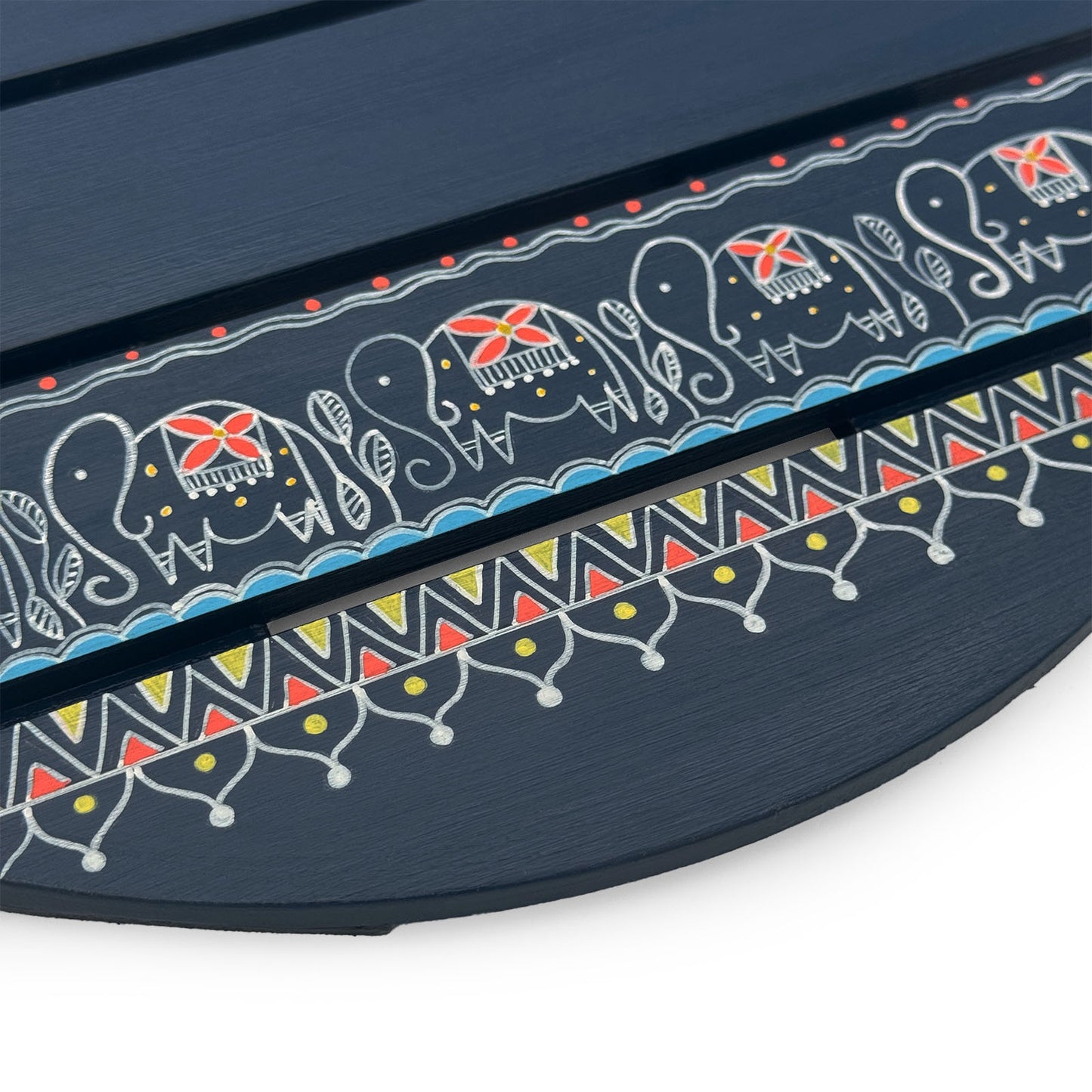 Peacock & Elephant Artwork Hand-Painted Wooden Madhubani Round Name Plate For Home