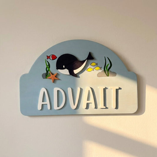 Sea Life Whale Themed Hand-Painted Wooden Arch-Shaped Kids Name Plate