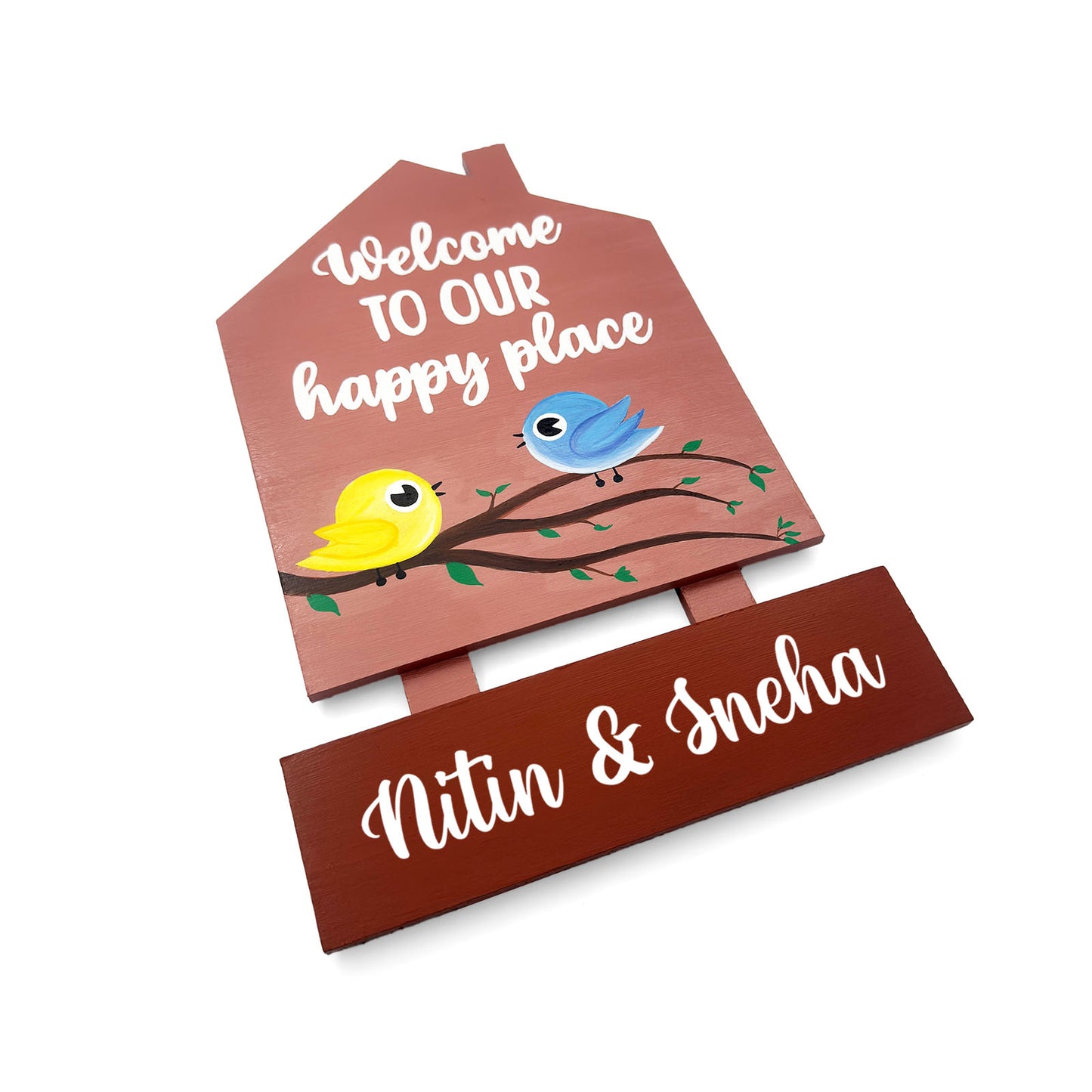 Birds Themed Hut-Shaped Hand-Painted Wooden Name Plate For Home - Hut & One Plank