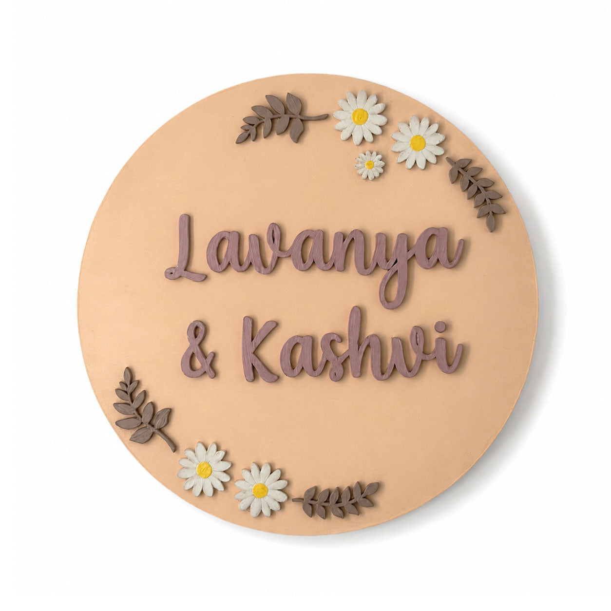 Flowers Themed Hand-Painted Wooden Round Kids Name Plate - Design 1
