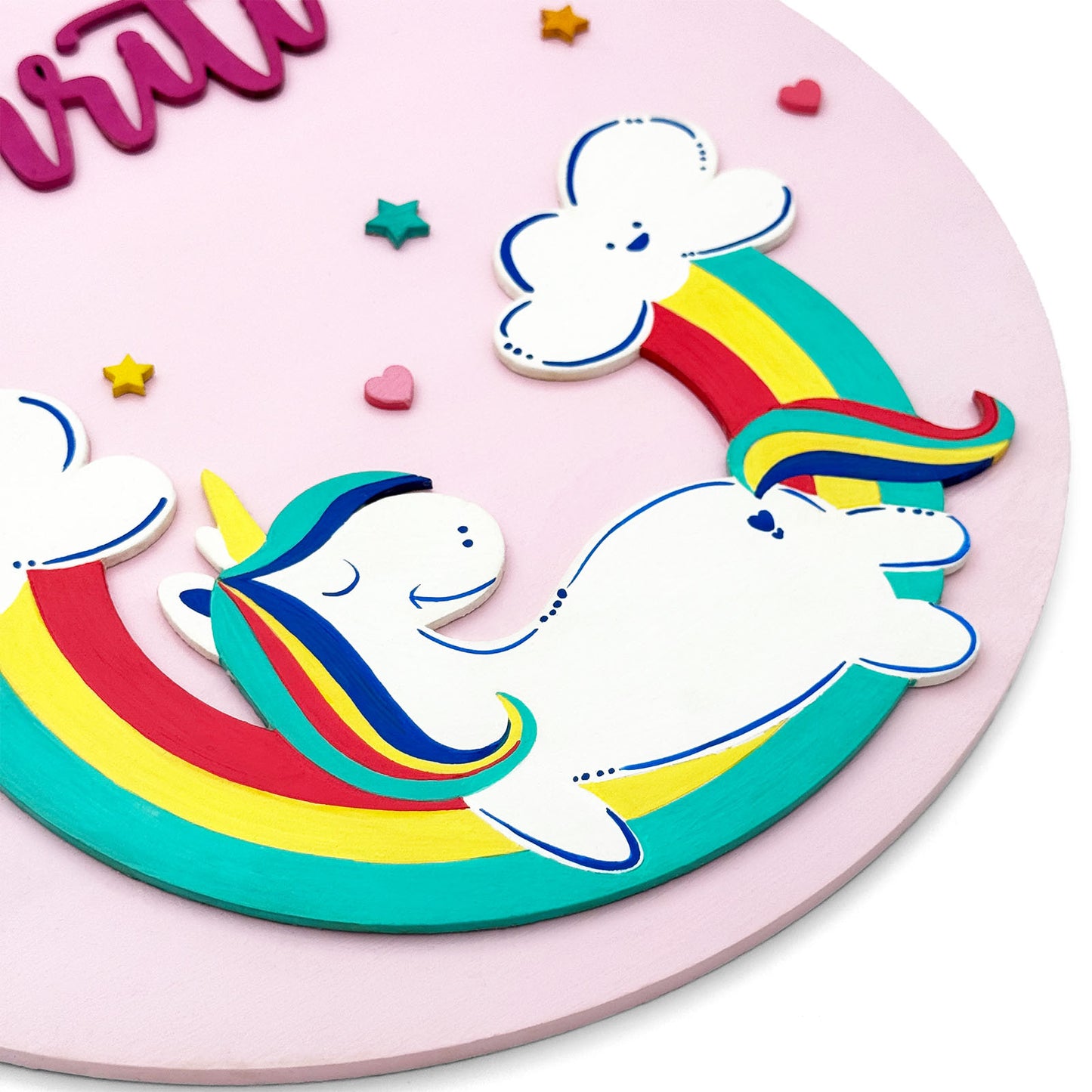 Unicorn Themed Hand-Painted Wooden Round Kids Name Plate - Design 2