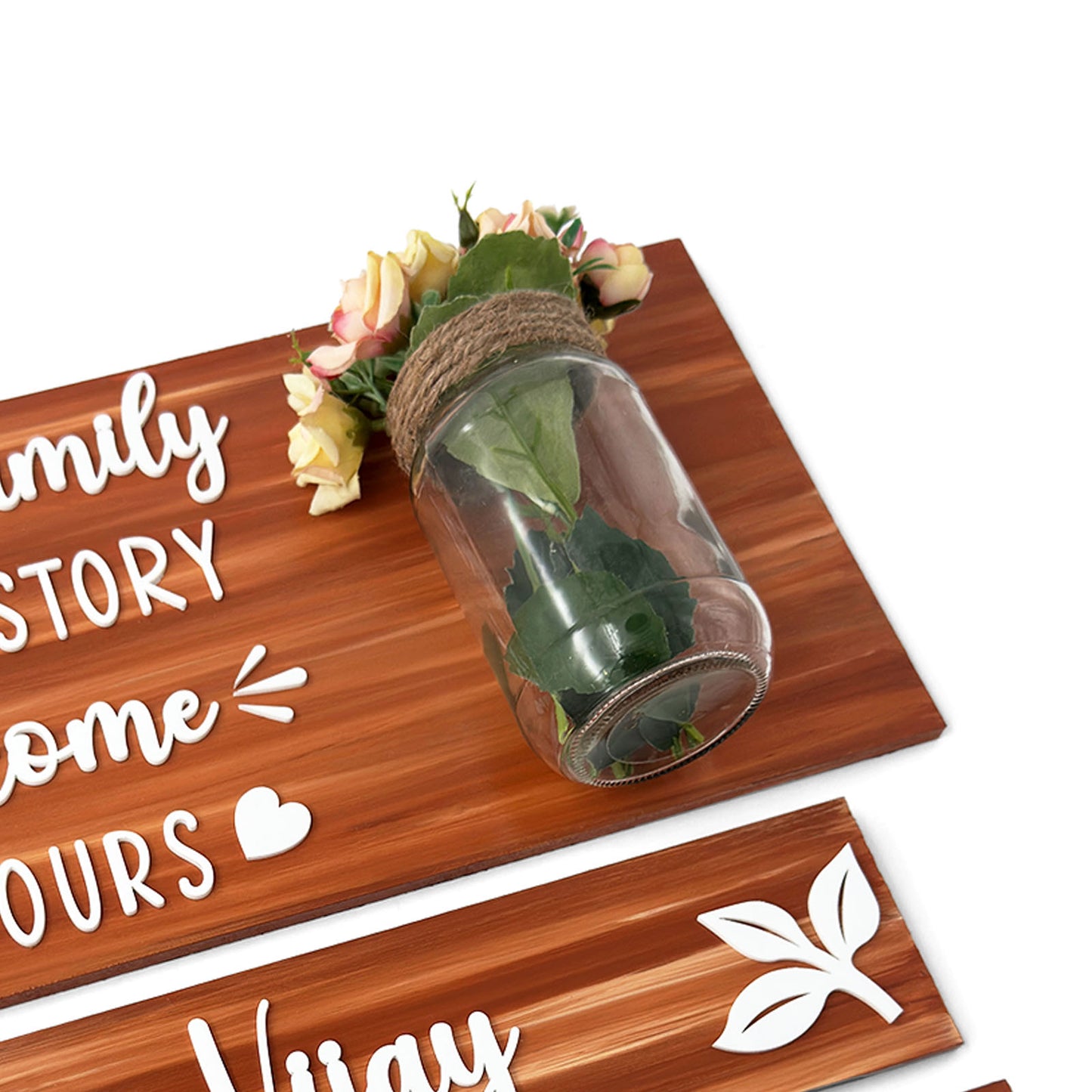 Every Family Has A Story Welcome To Ours Hand-Painted Wooden Name Plate With Jar For Home - Jar Board & Two Planks