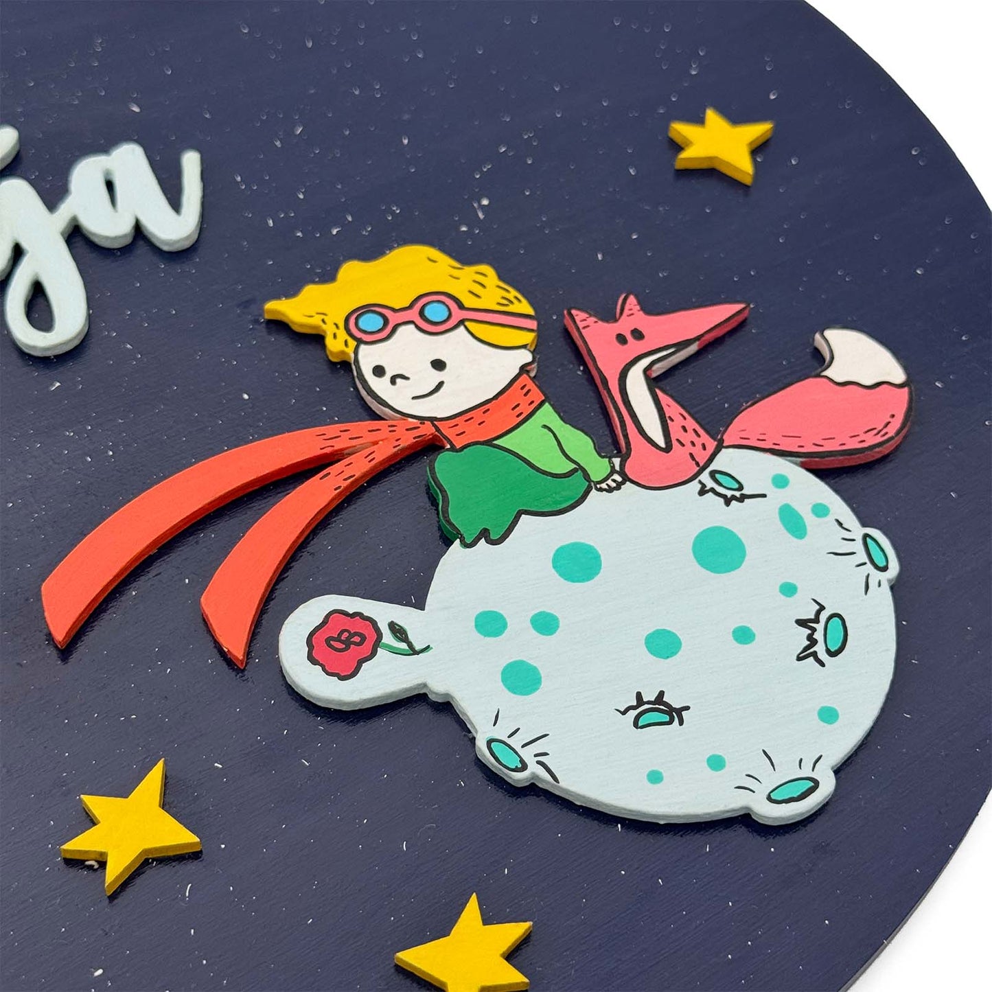 Space Themed Hand-Painted Wooden Round Kids Name Plate - Design 4