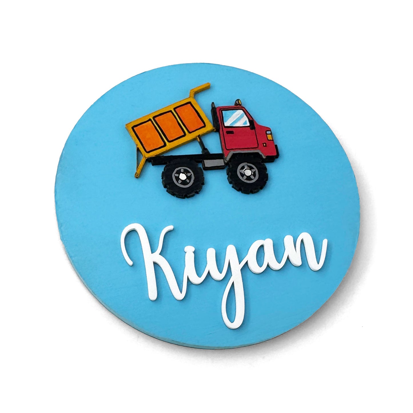 Dump Truck Themed Hand-Painted Wooden Name Plate For Kids