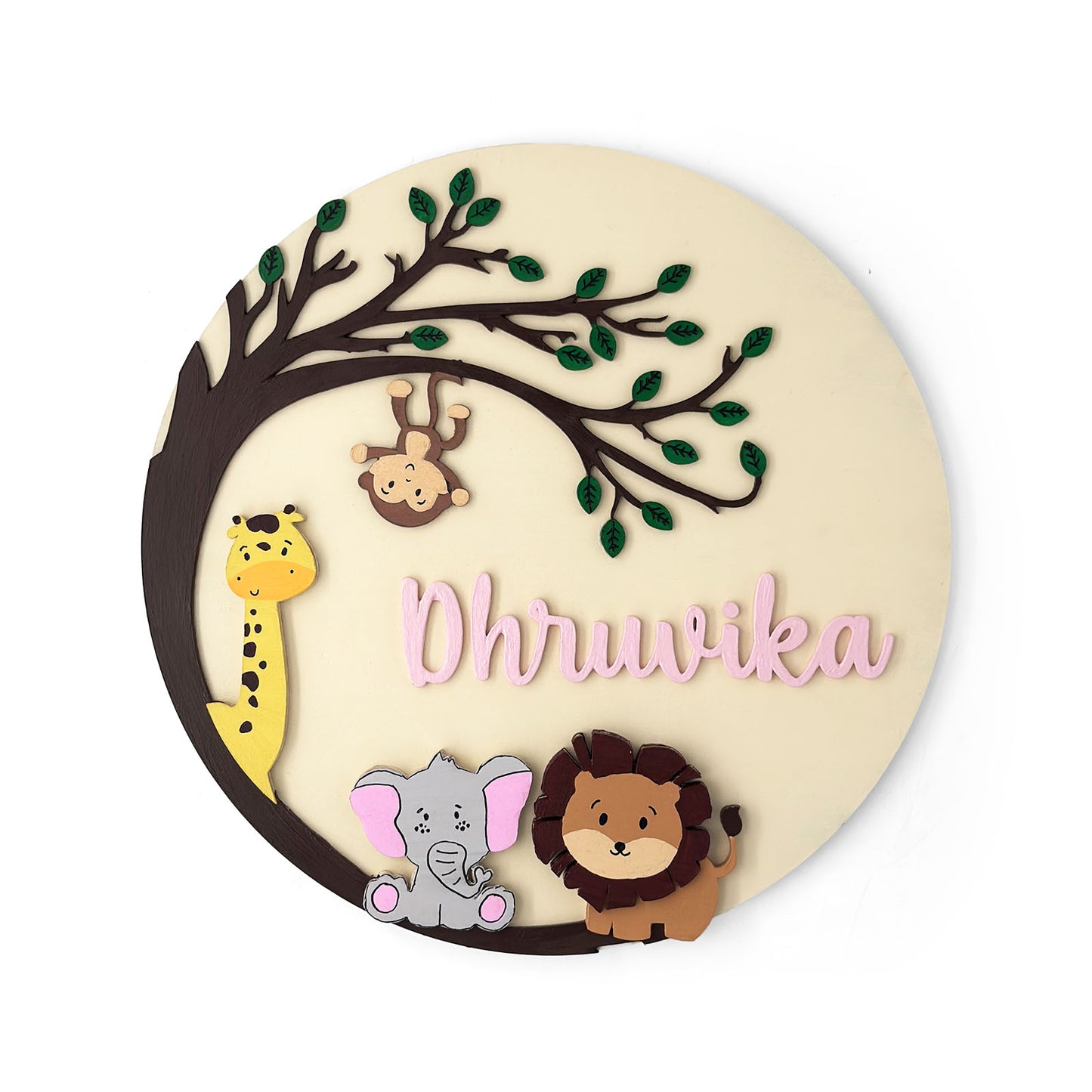 Animal Themed Hand-Painted Wooden Round Kids Name Plate - Design 8