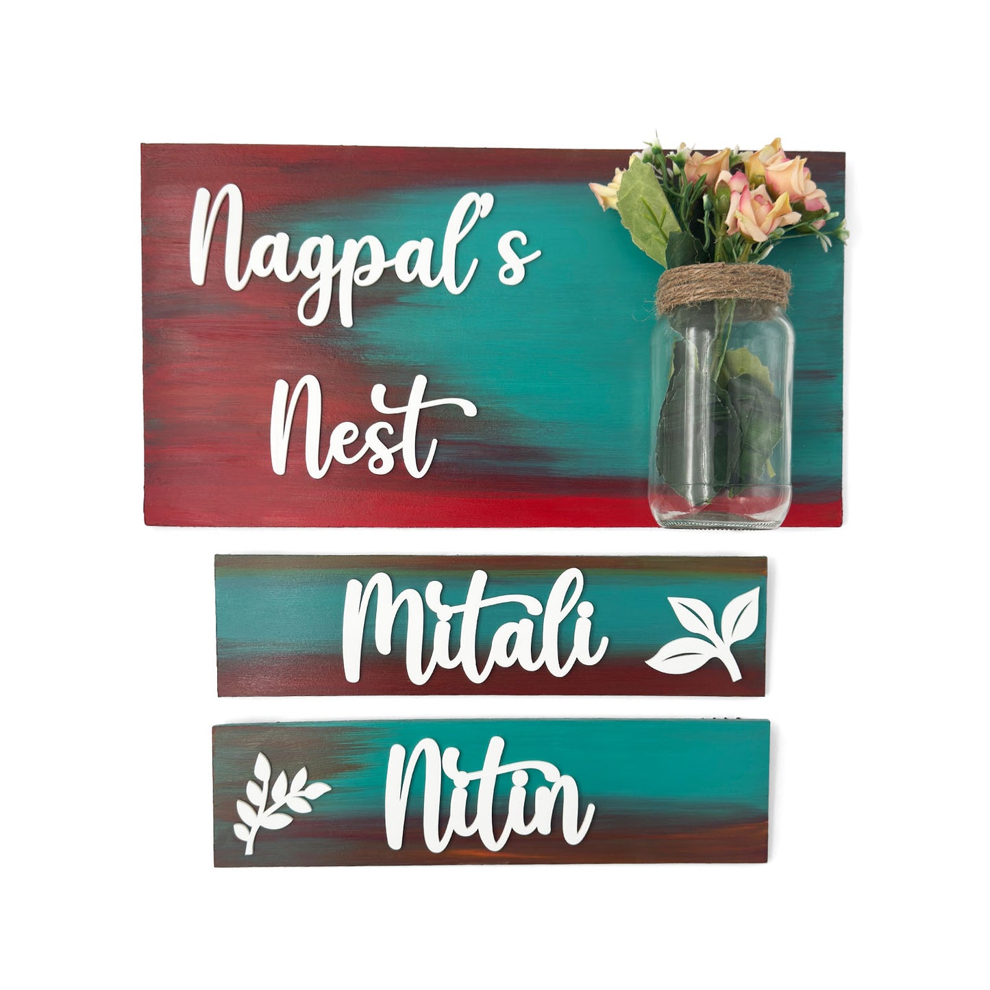 Hand-Painted Wooden Name Plate With Jar For Home - Jar Board & Two Planks