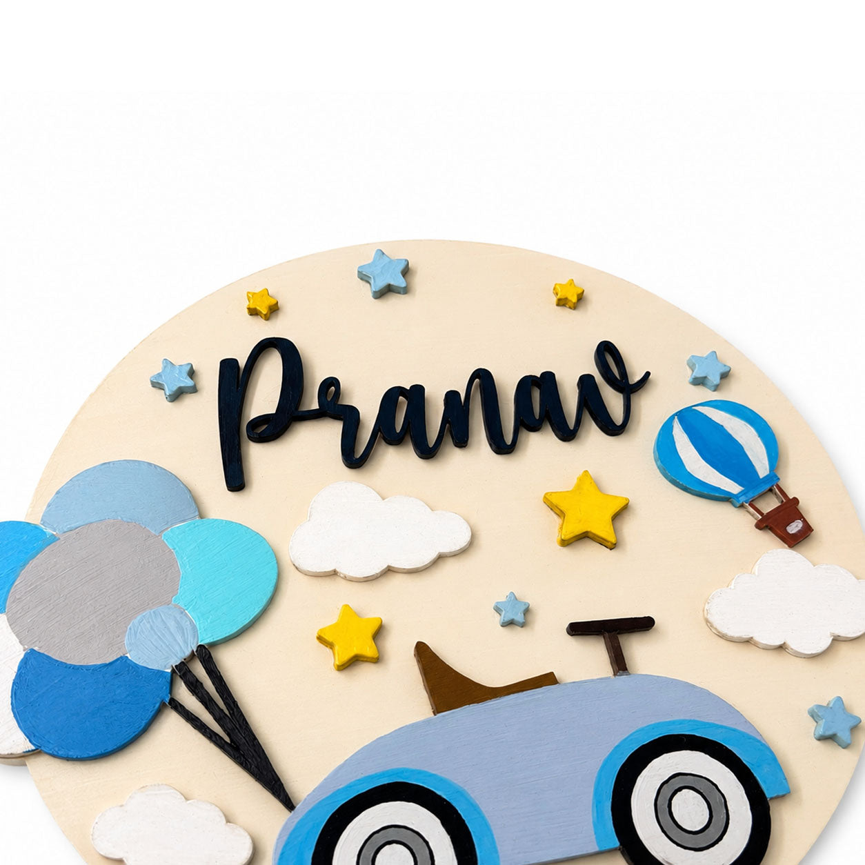 Car Themed Hand-Painted Wooden Round Kids Name Plate - Design 1
