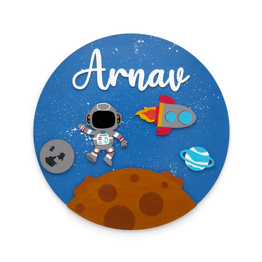 Space Themed Hand-Painted Wooden Round Kids Name Plate - Design 3