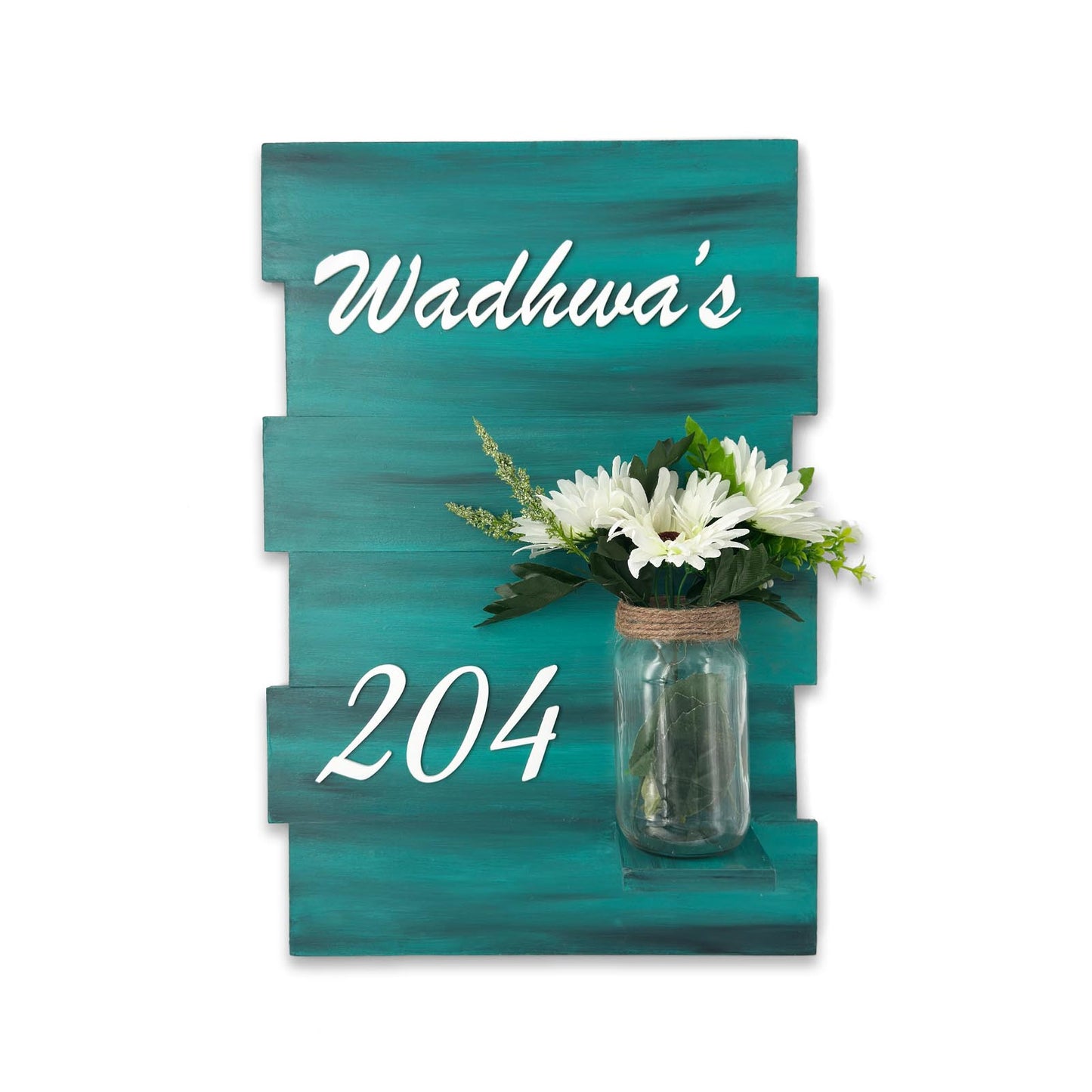 Teal Hand-Painted Wooden Name Plate With Jar For Home - Design 1