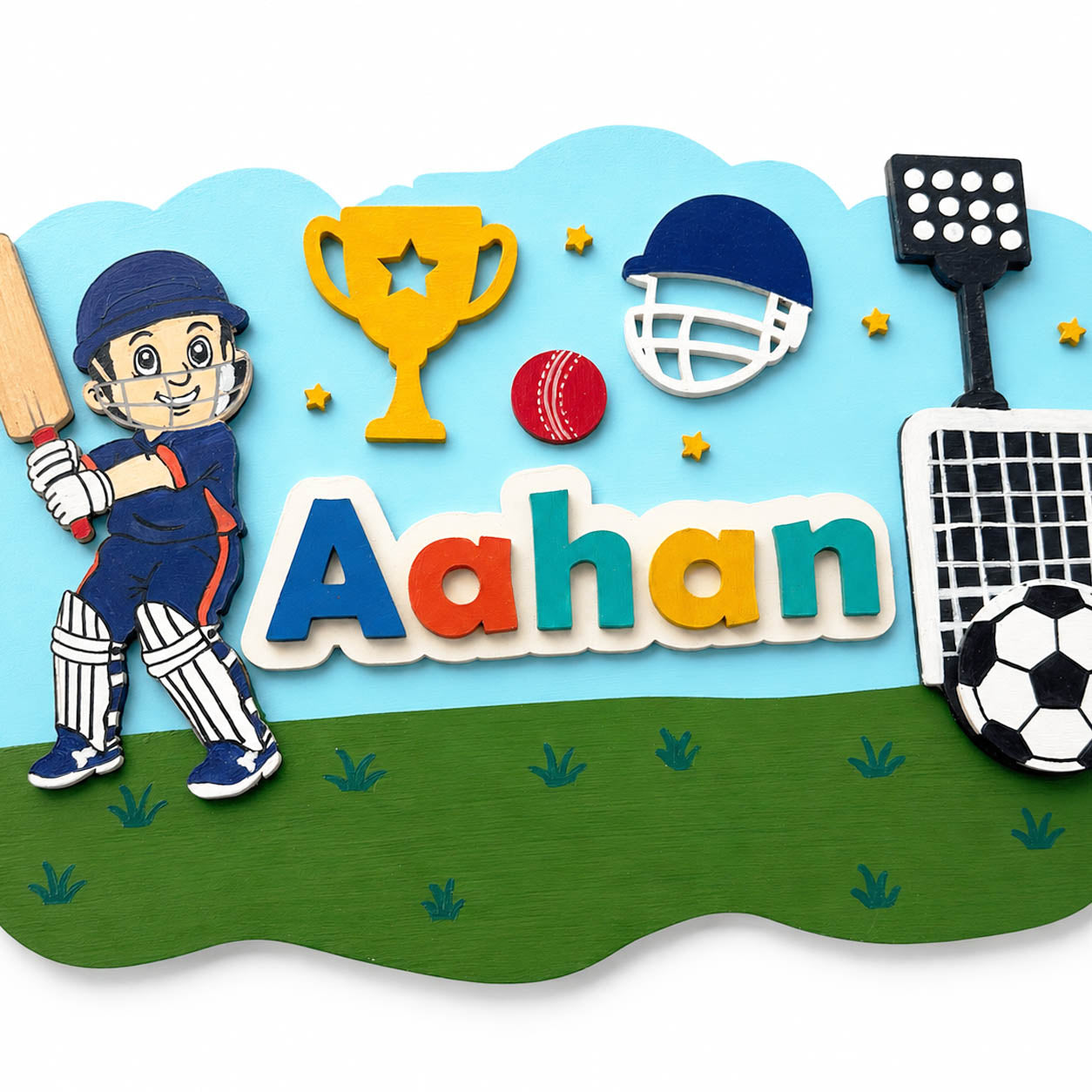 Football & Cricket Themed Hand-Painted Wooden Scalloped Cloud Kids Name Plate - Design 1