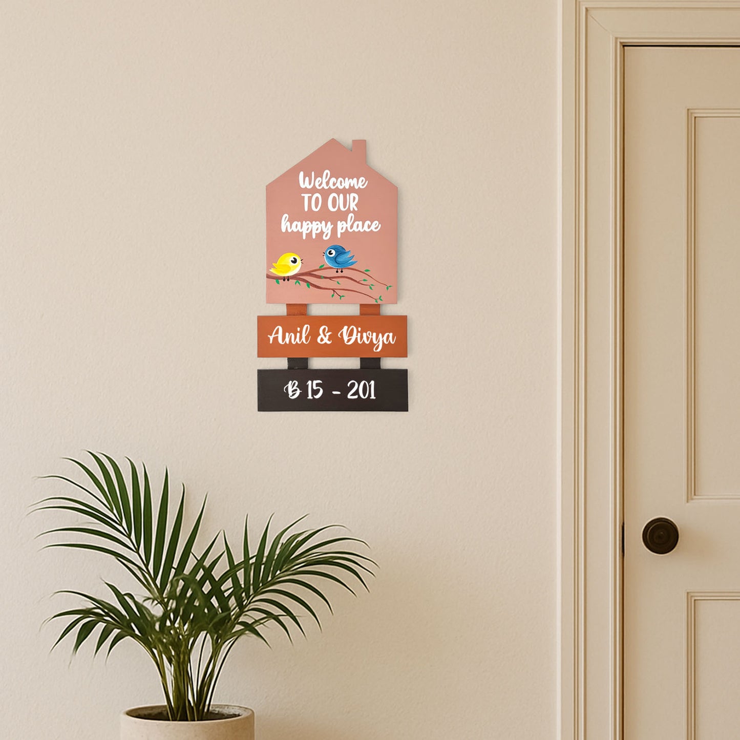 Birds Themed Hut-Shaped Hand-Painted Wooden Name Plate For Home - Hut & Two Planks