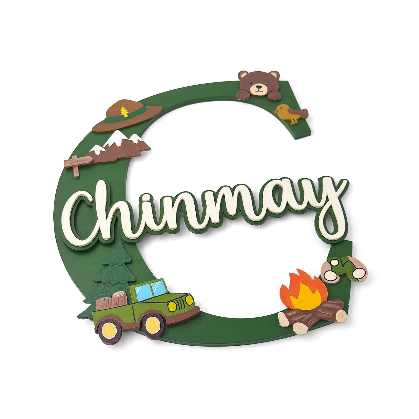 Jungle Safari  Themed Layered Alphabet Initial Hand-Painted Wooden Kids Name Plate Design 1