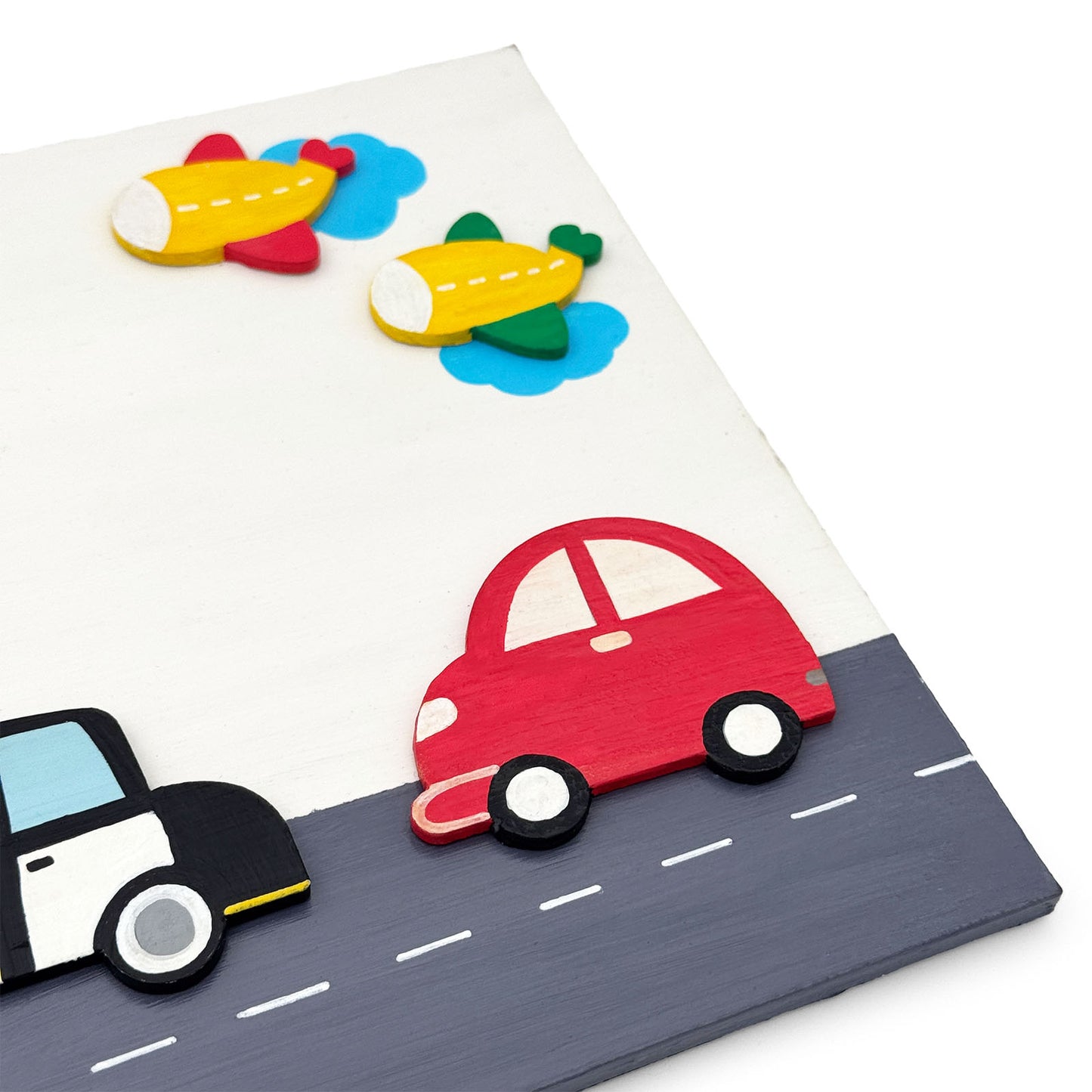 Vehicles Themed Hand-Painted Wooden Kids Name Plate - White