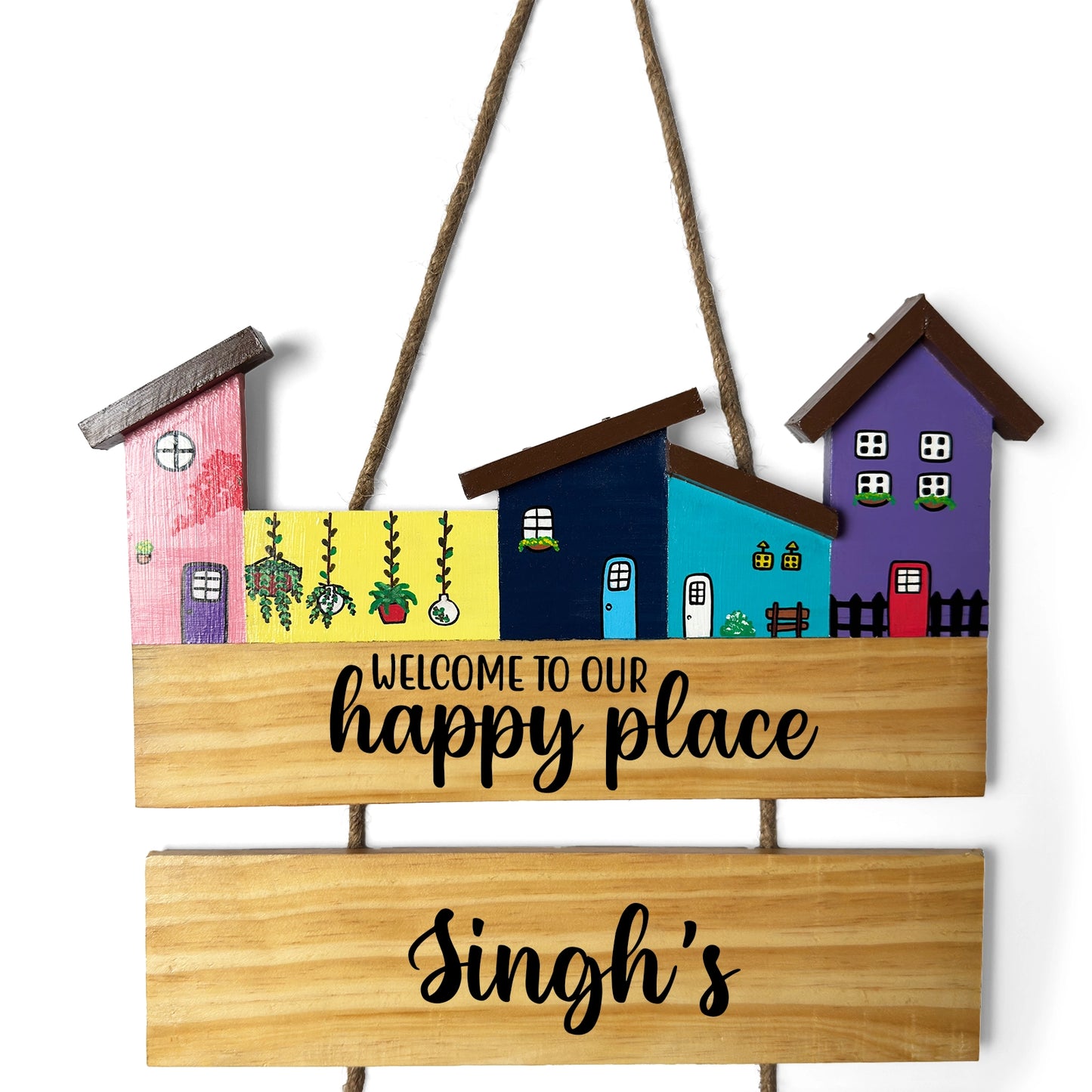 Hut-Shaped Hand-Painted Wooden Name Plate For Home - Hut Board & Three Planks Design 5