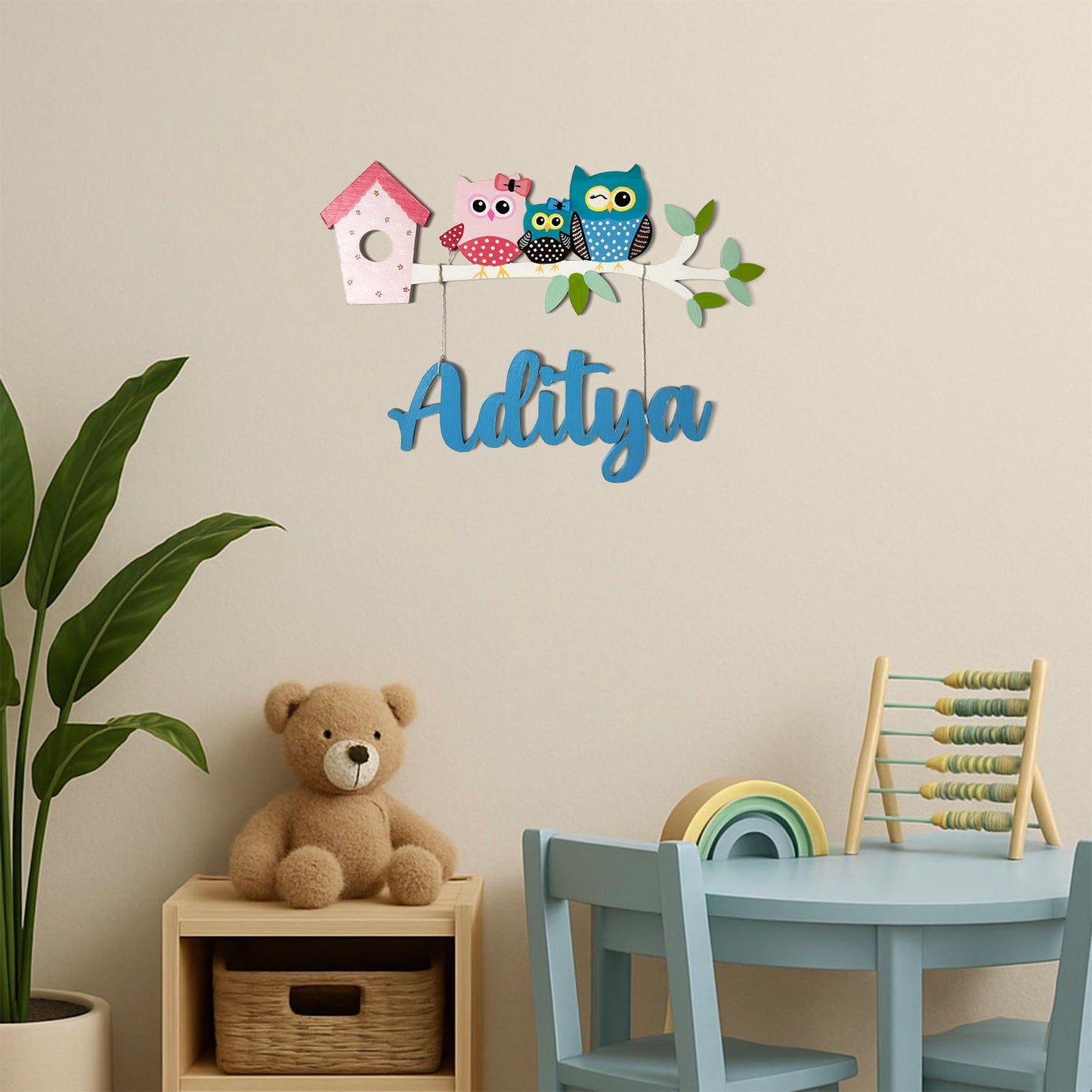 Owl Themed Hand-Painted Wooden Kids Name Plate