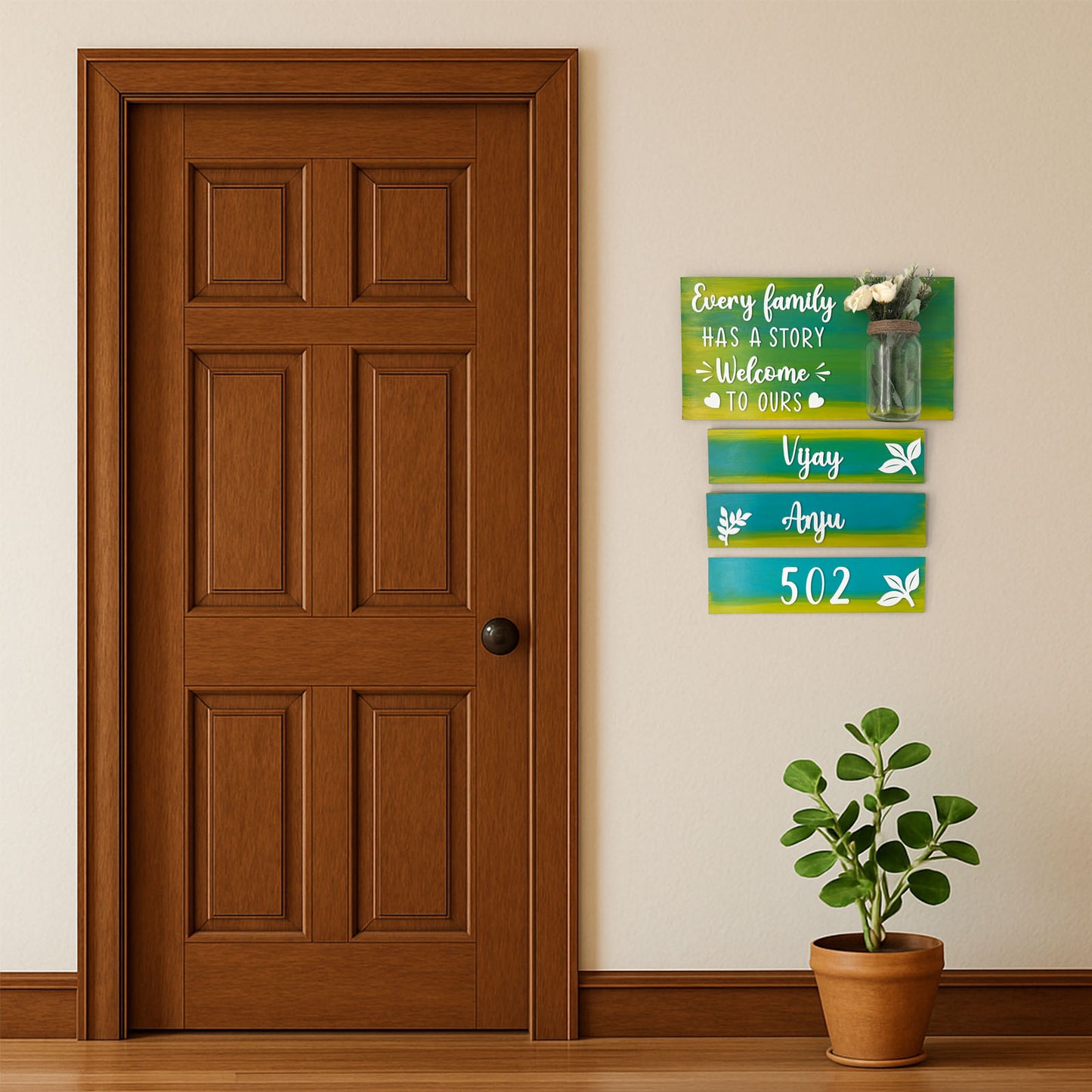 Every Family Has A Story Welcome To Ours Hand-Painted Wooden Name Plate With Jar For Home - Jar Board & Three Planks