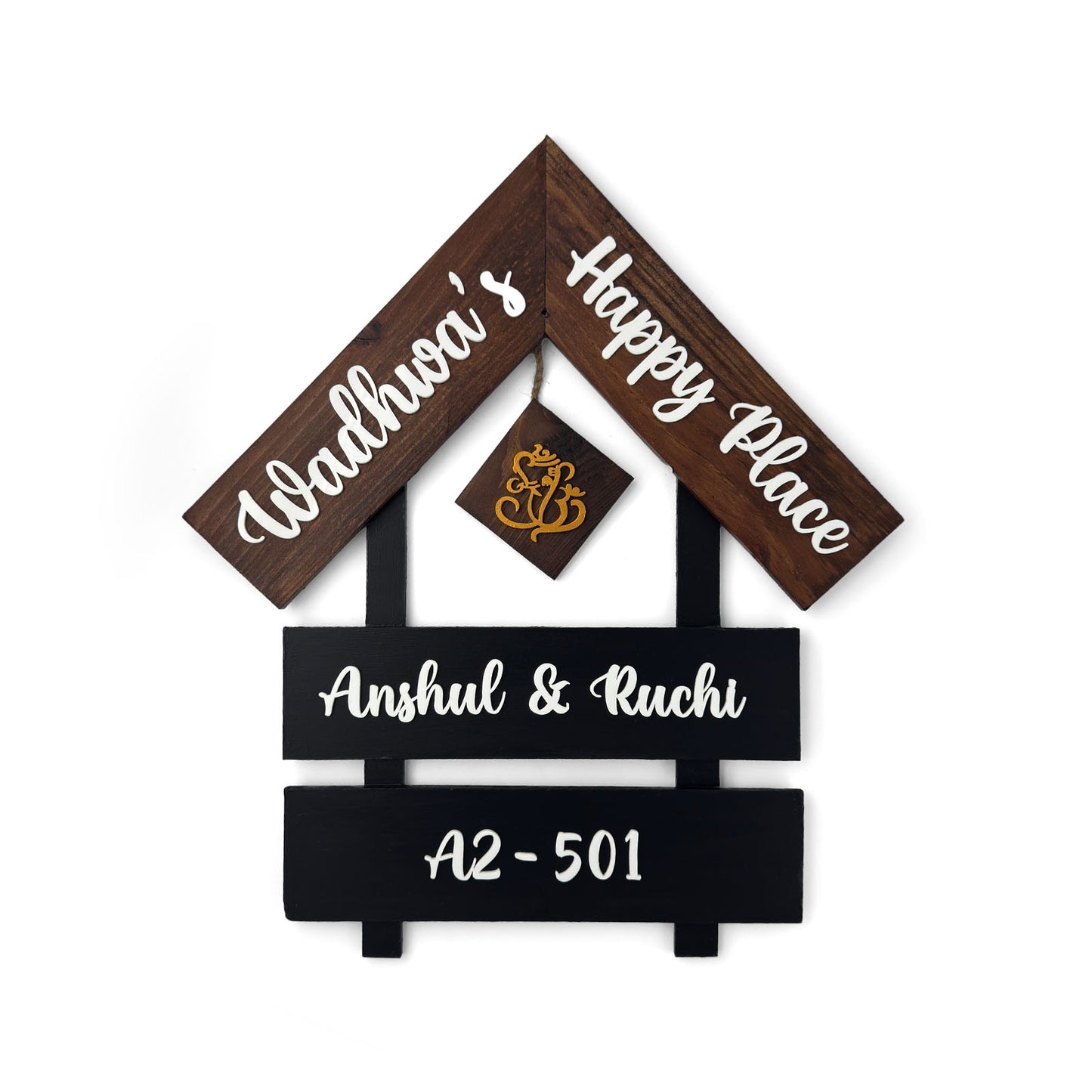 House With Roof And Double Plank Hand-Painted Wooden Hut-Shaped Name Plate For Home - Black & Wooden Finish