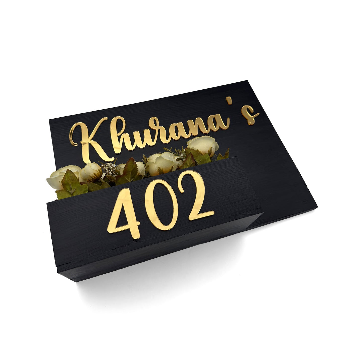 Rectangular Hand-Painted Wooden Planter Name Plate For Home - Black