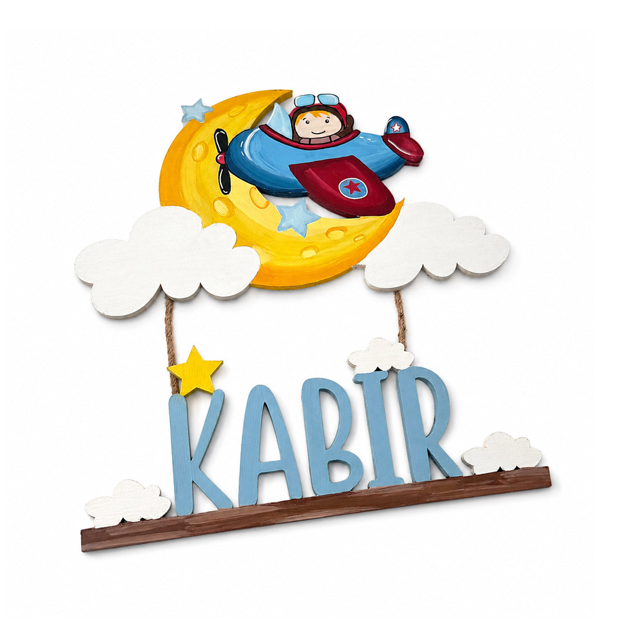 Airplane Pilot Themed Hand-Painted Wooden Kids Name Plate - Design 4