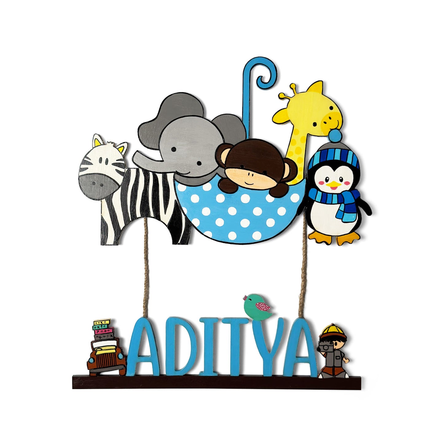 Animal Themed Hand-Painted Wooden Kids Name Plate - Design 1