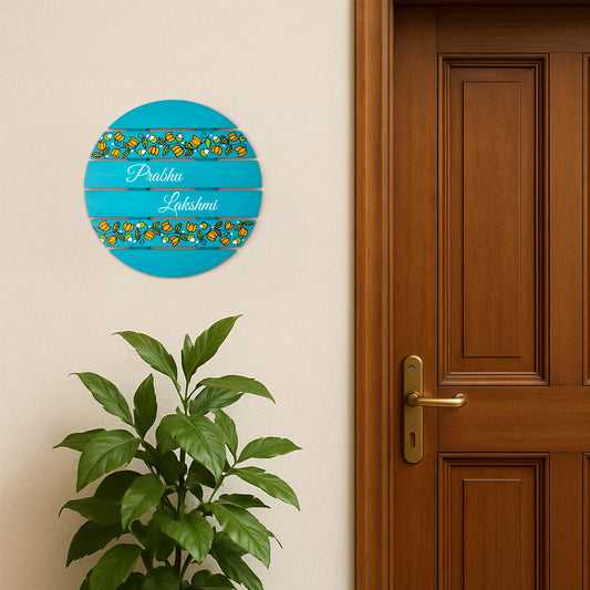 Lotus Creeper Artwork Hand-Painted Wooden Madhubani Round Name Plate For Home