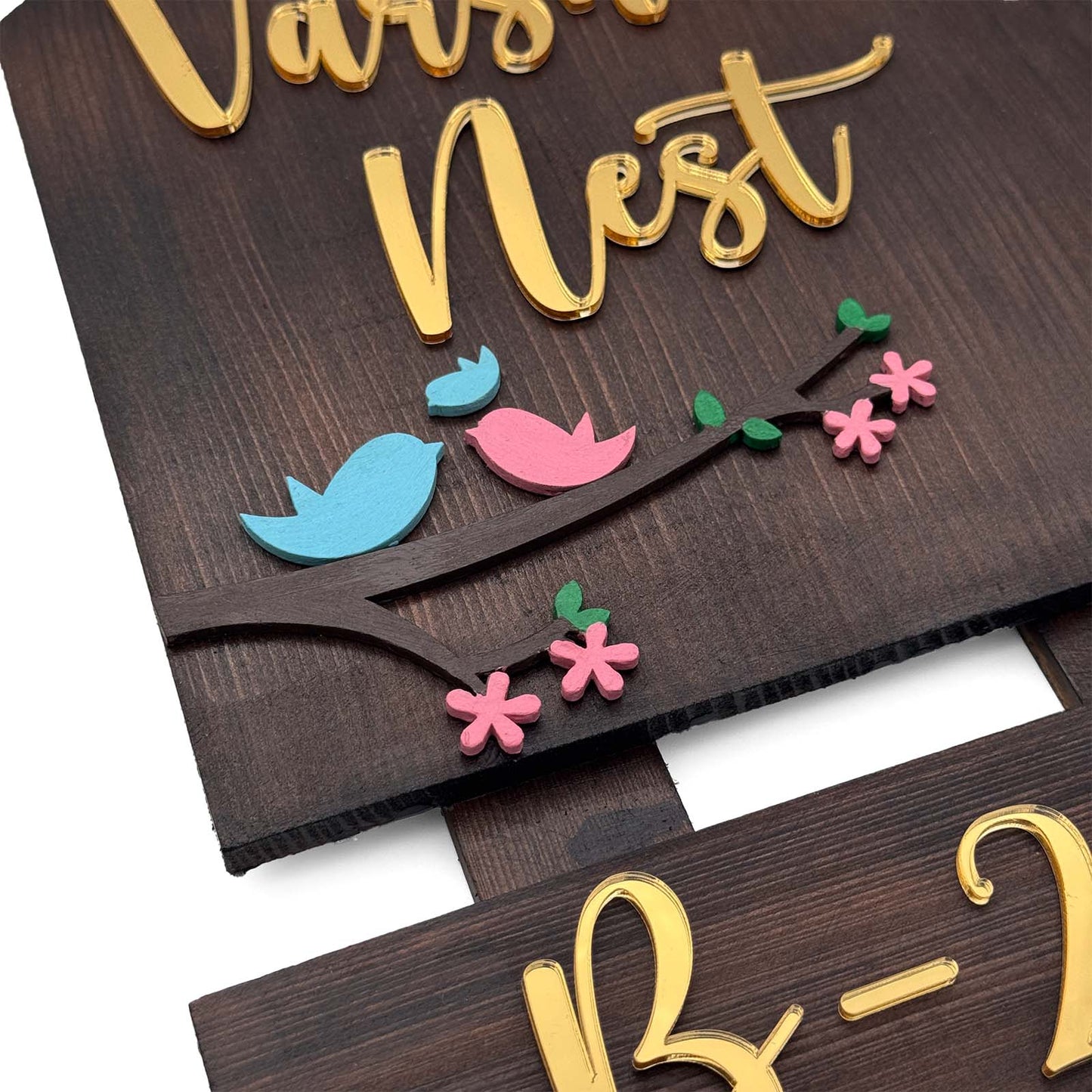 Birds Themed Hut-Shaped Hand-Painted Wooden Name Plate For Home - Wooden Finish