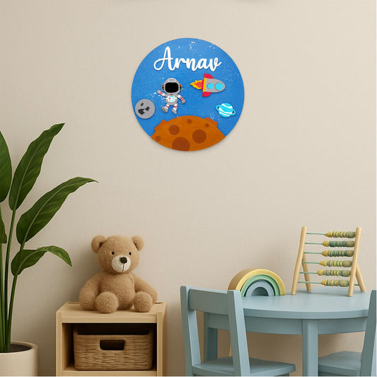 Space Themed Hand-Painted Wooden Round Kids Name Plate - Design 3