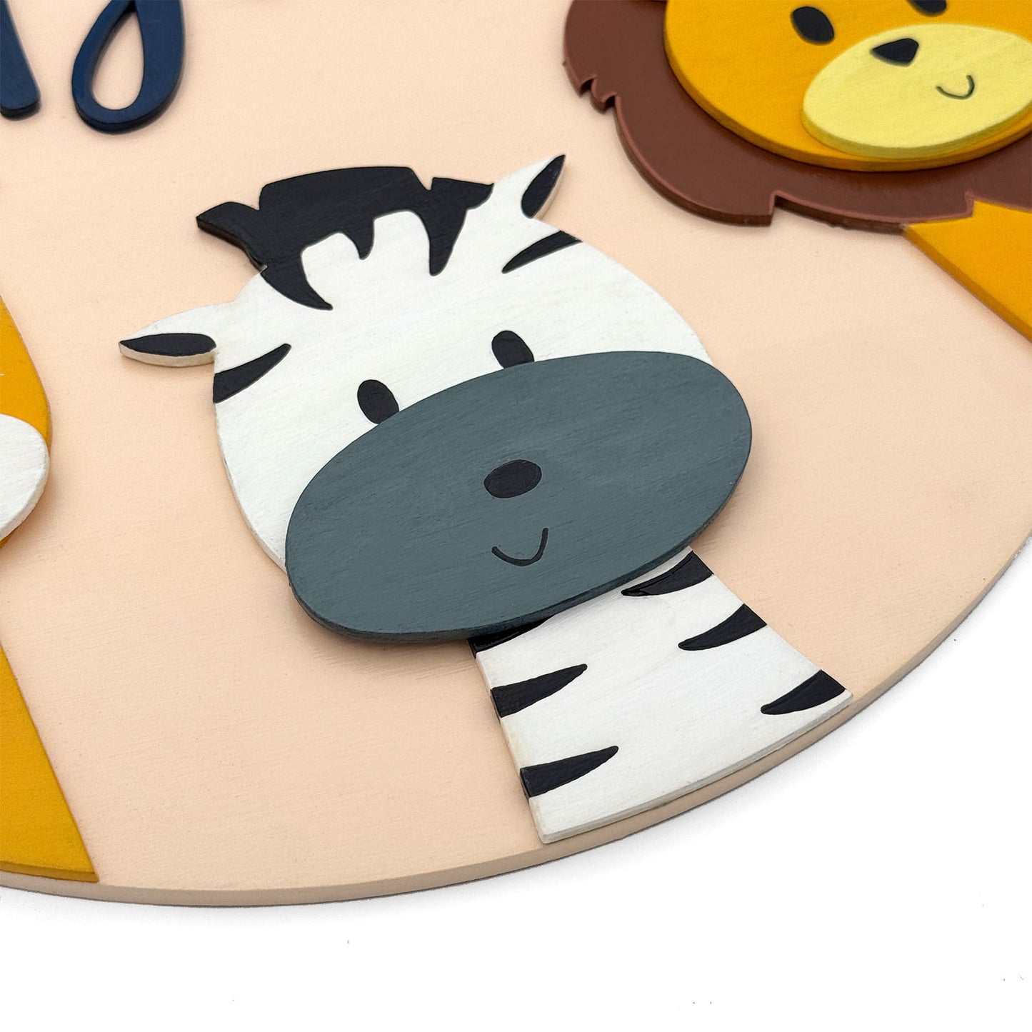 Animal Themed Hand-Painted Wooden Round Kids Name Plate - Design 1