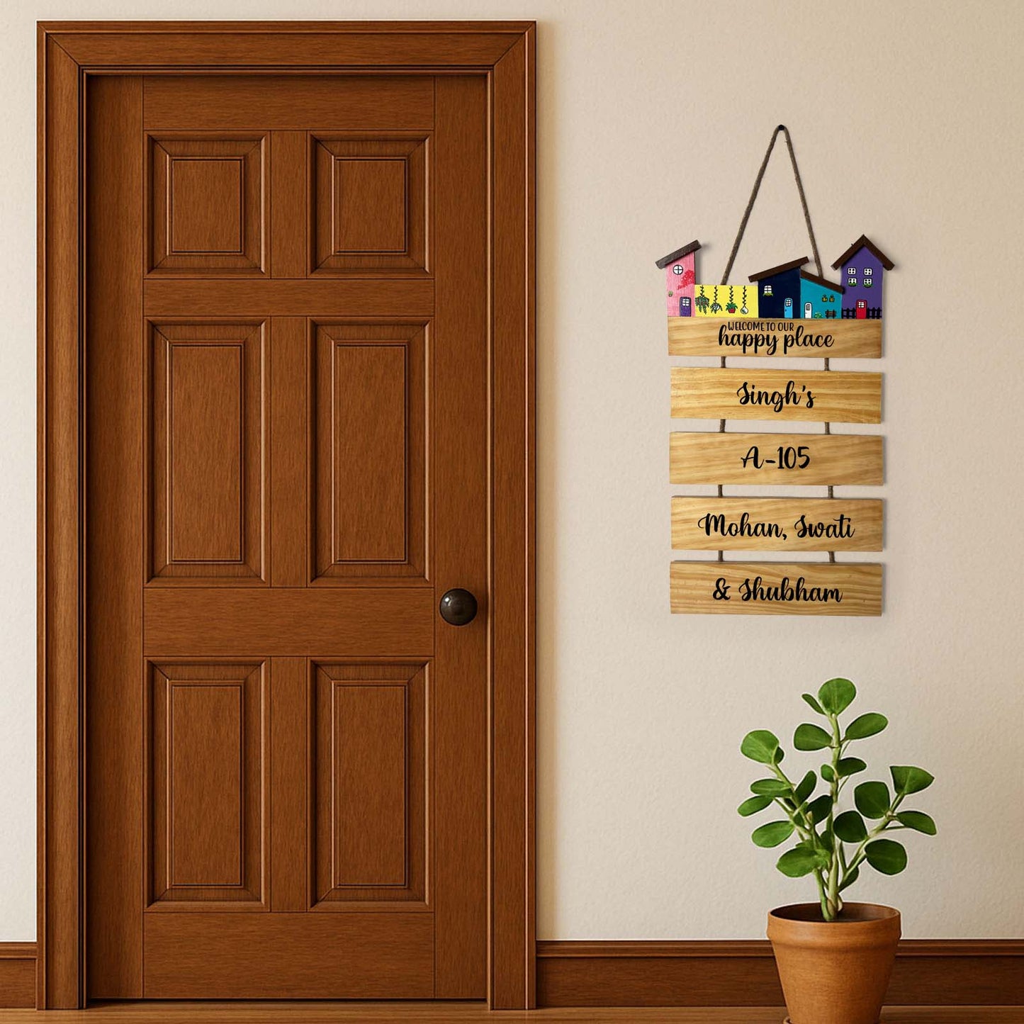 Hut-Shaped Hand-Painted Wooden Name Plate For Home - Hut Board & Four Planks Design 5
