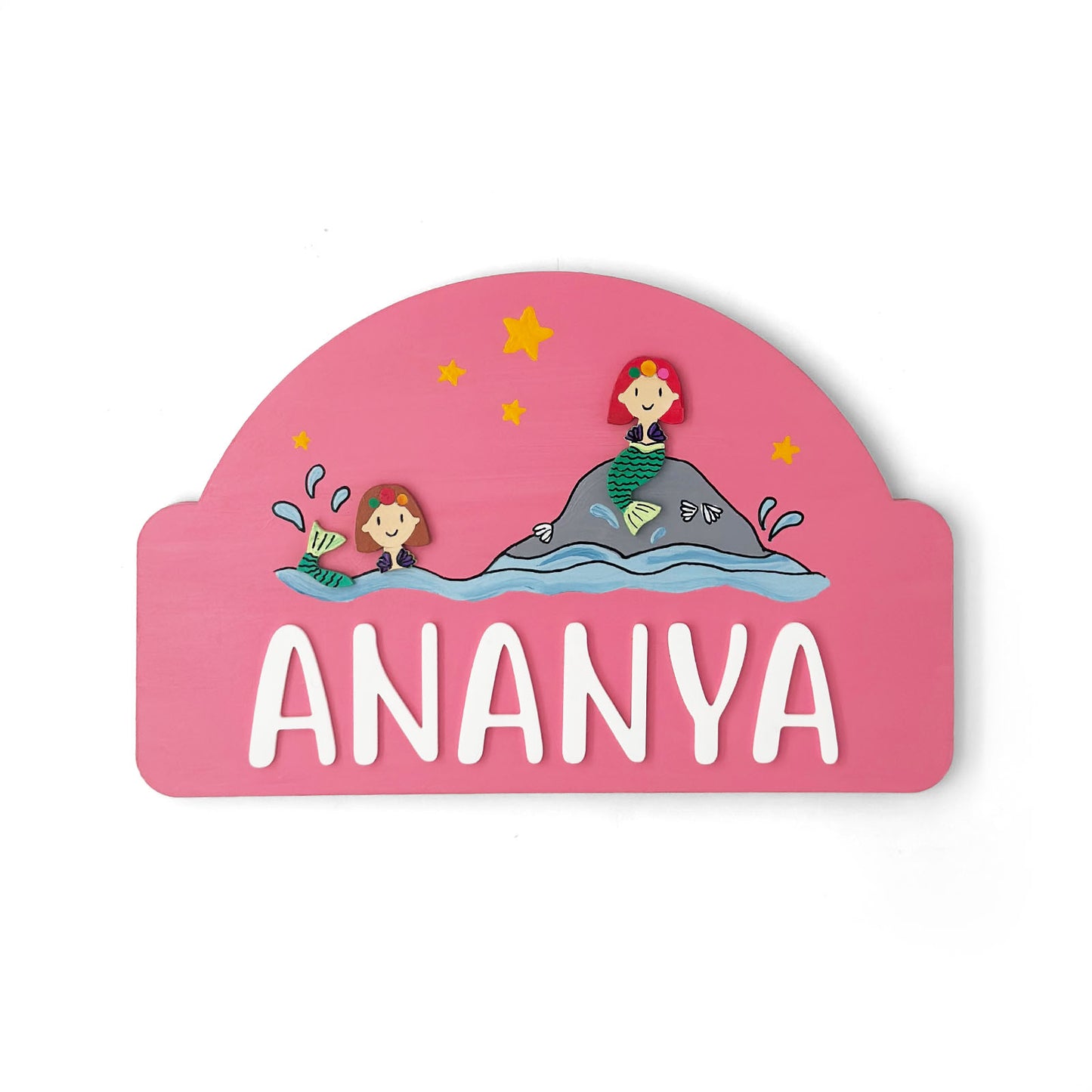 Mermaid Themed Hand-Painted Wooden Arch-Shaped Kids Name Plate