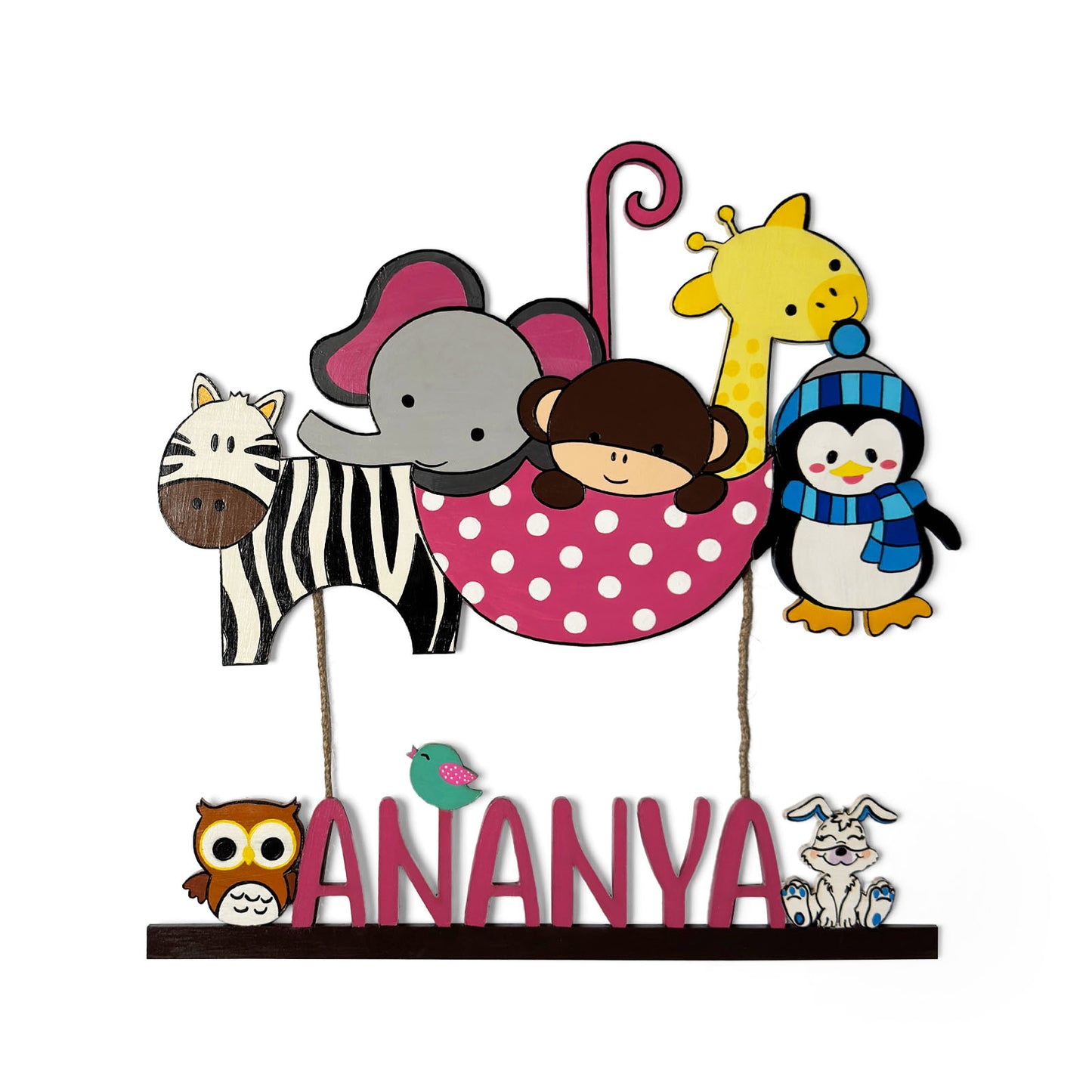 Animal Themed Hand-Painted Wooden Kids Name Plate - Design 1