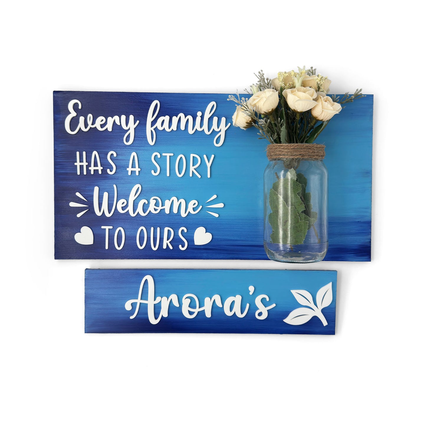 Every Family Has A Story Welcome To Ours Hand-Painted Wooden Name Plate With Jar For Home - Jar Board & One Plank