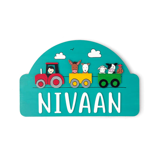 Farm Animals Themed Hand-Painted Wooden Arch-Shaped Kids Name Plate