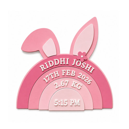 Rabbit Themed Hand-Painted Wooden Personalised Baby Birth Details Name Plate