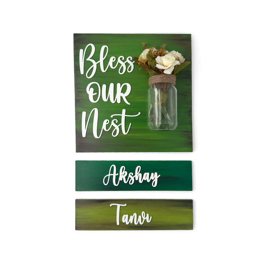 Green Hand-Painted Wooden Name Plate With Jar For Home - Jar Board & Two Planks