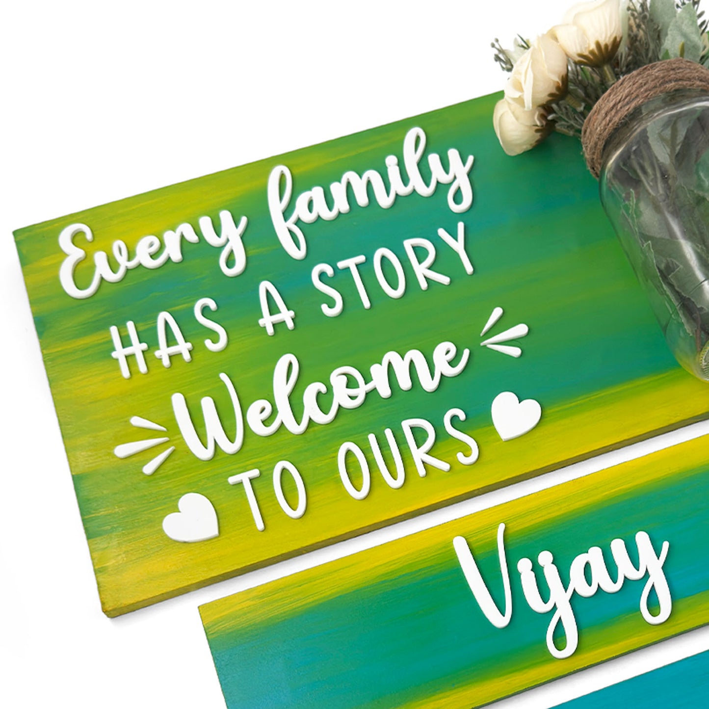 Every Family Has A Story Welcome To Ours Hand-Painted Wooden Name Plate With Jar For Home - Jar Board & Two Planks