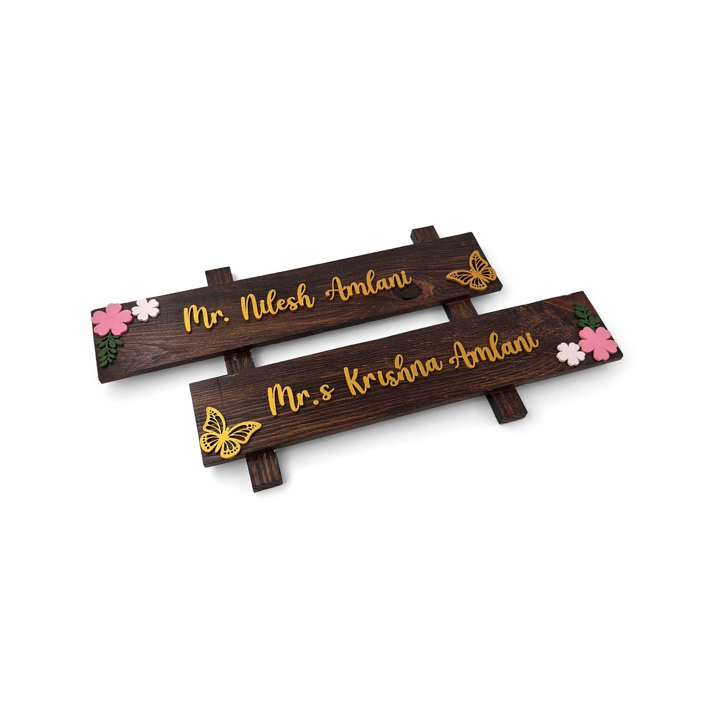 Butterfly & Flower Themed Hand-Painted Wooden Two Plank Name Plate For Home - Wooden Finish