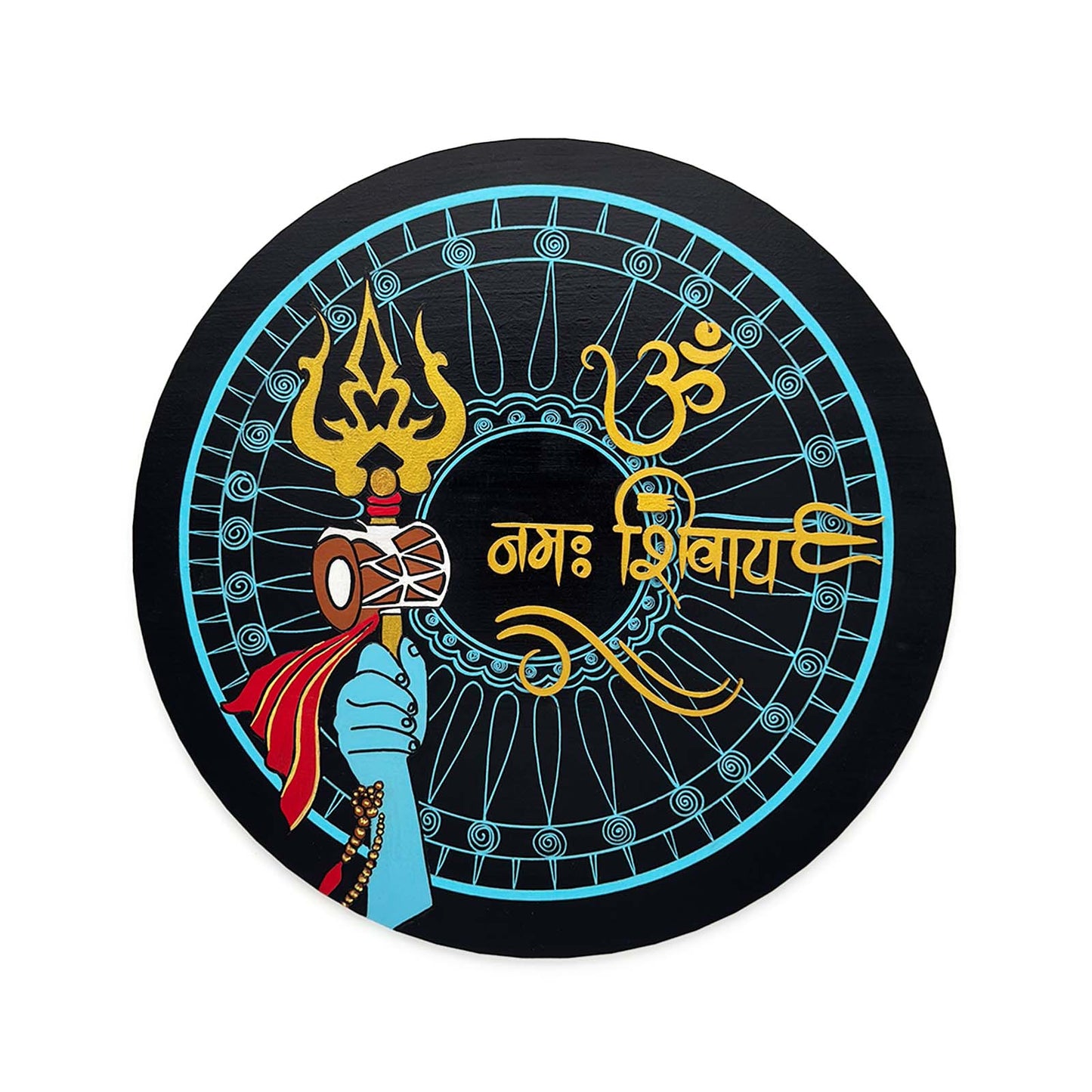 Om Namah Shivaya Hand-Painted Wooden Round Wall Hanging With Shiva Trishul - Blue