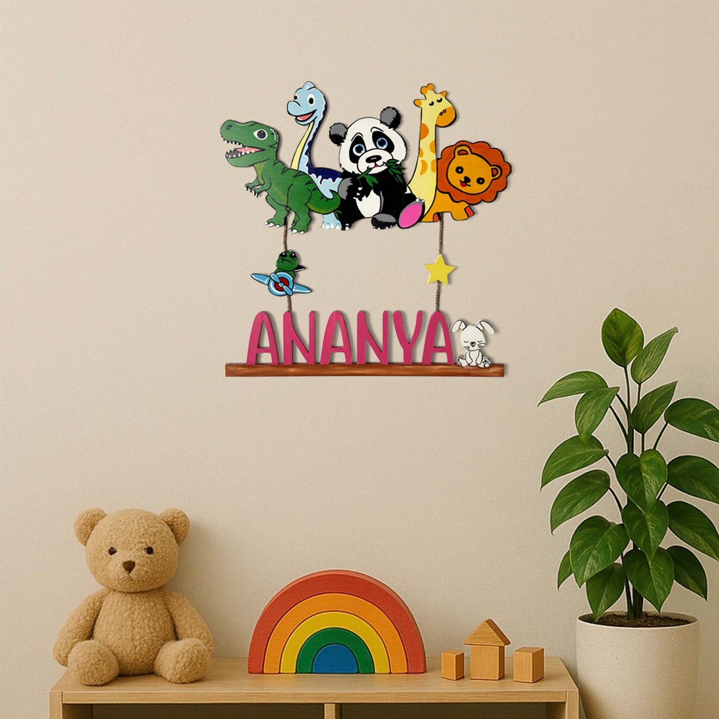 Animal and Dinosaur Themed  Hand-Painted Wooden Kids Name Plate