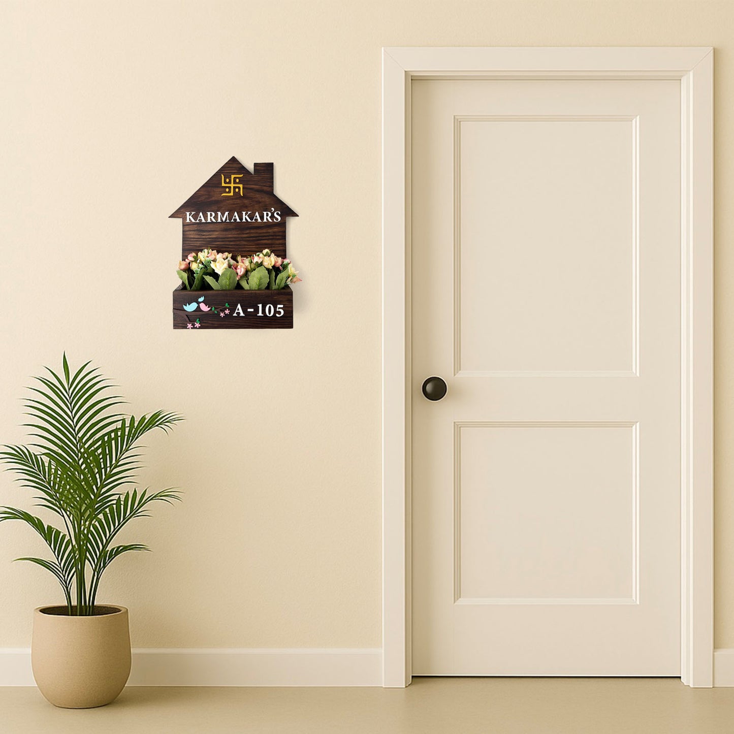 Hut-Shaped Hand-Painted Wooden Planter Name Plate For Home - Wooden Finish