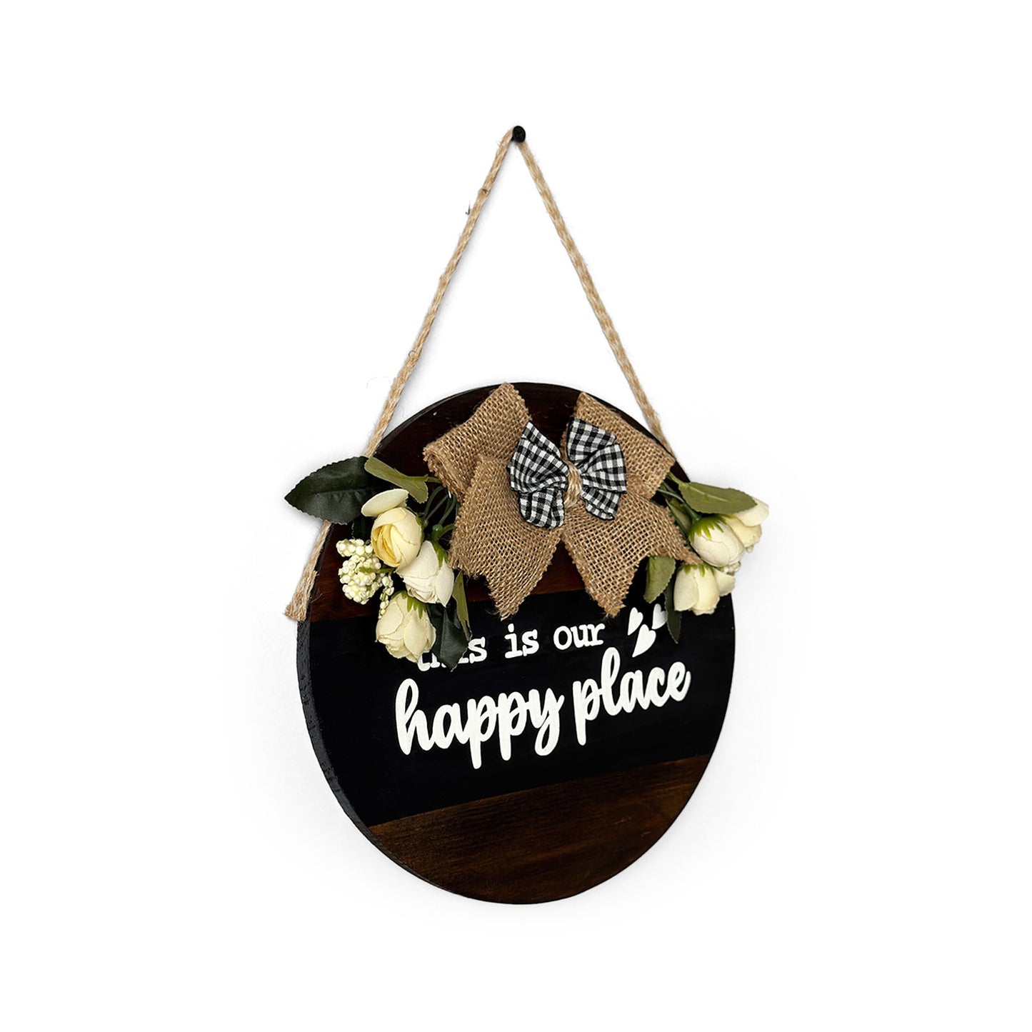 This Is Our Happy Place Hand-Painted Wooden Door Hanger - Black & Wooden Finish