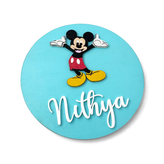 Mickey Mouse Themed Hand-Painted Wooden Name Plate For Kids