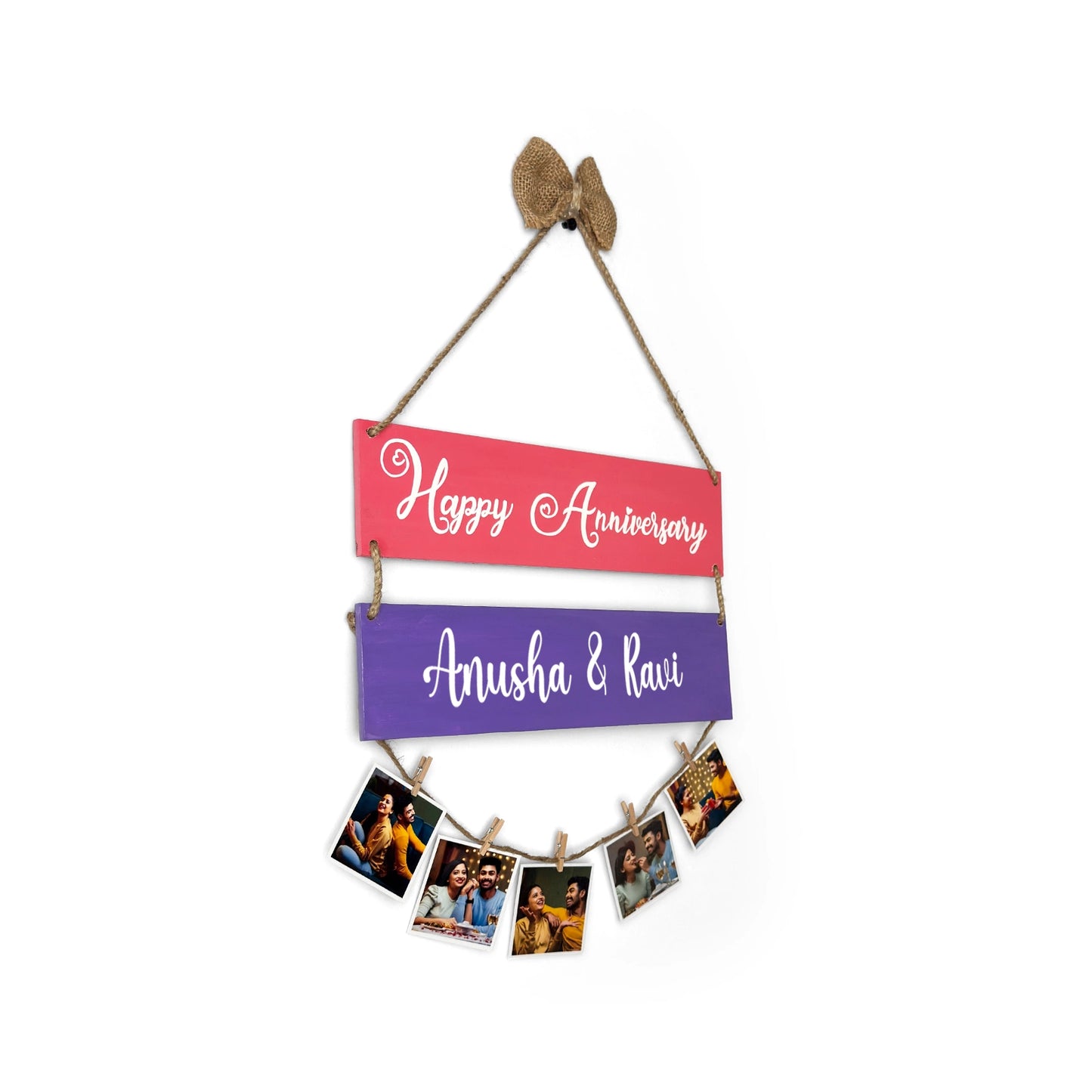 Happy Anniversary Hand-Painted Wooden Photo Holder - Pink & Purple