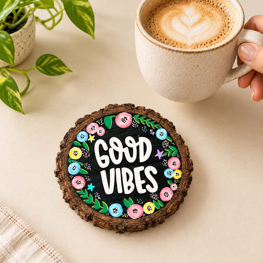Good Vibes Hand-Painted Wooden Coaster- Black