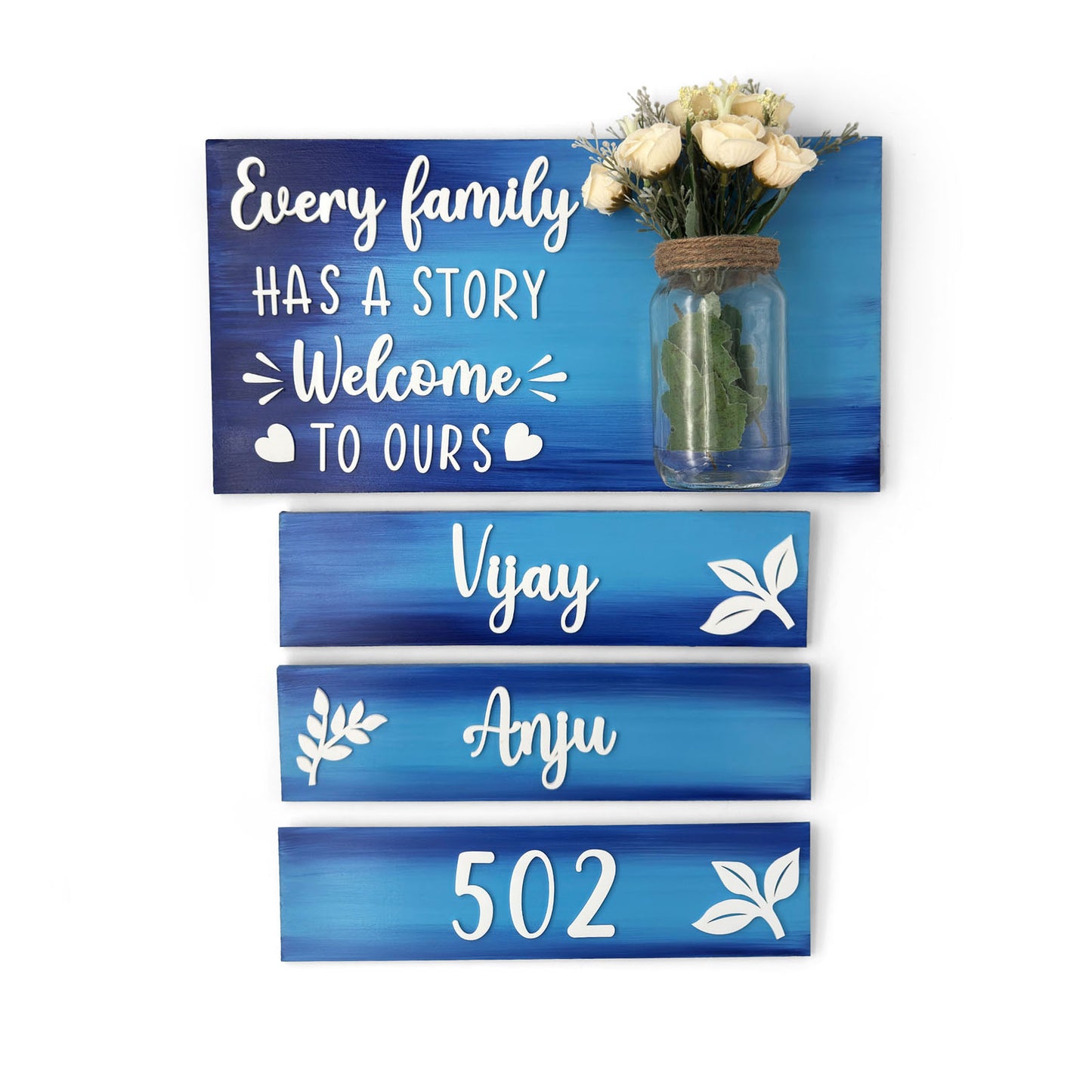 Every Family Has A Story Welcome To Ours Hand-Painted Wooden Name Plate With Jar For Home - Jar Board & Three Planks